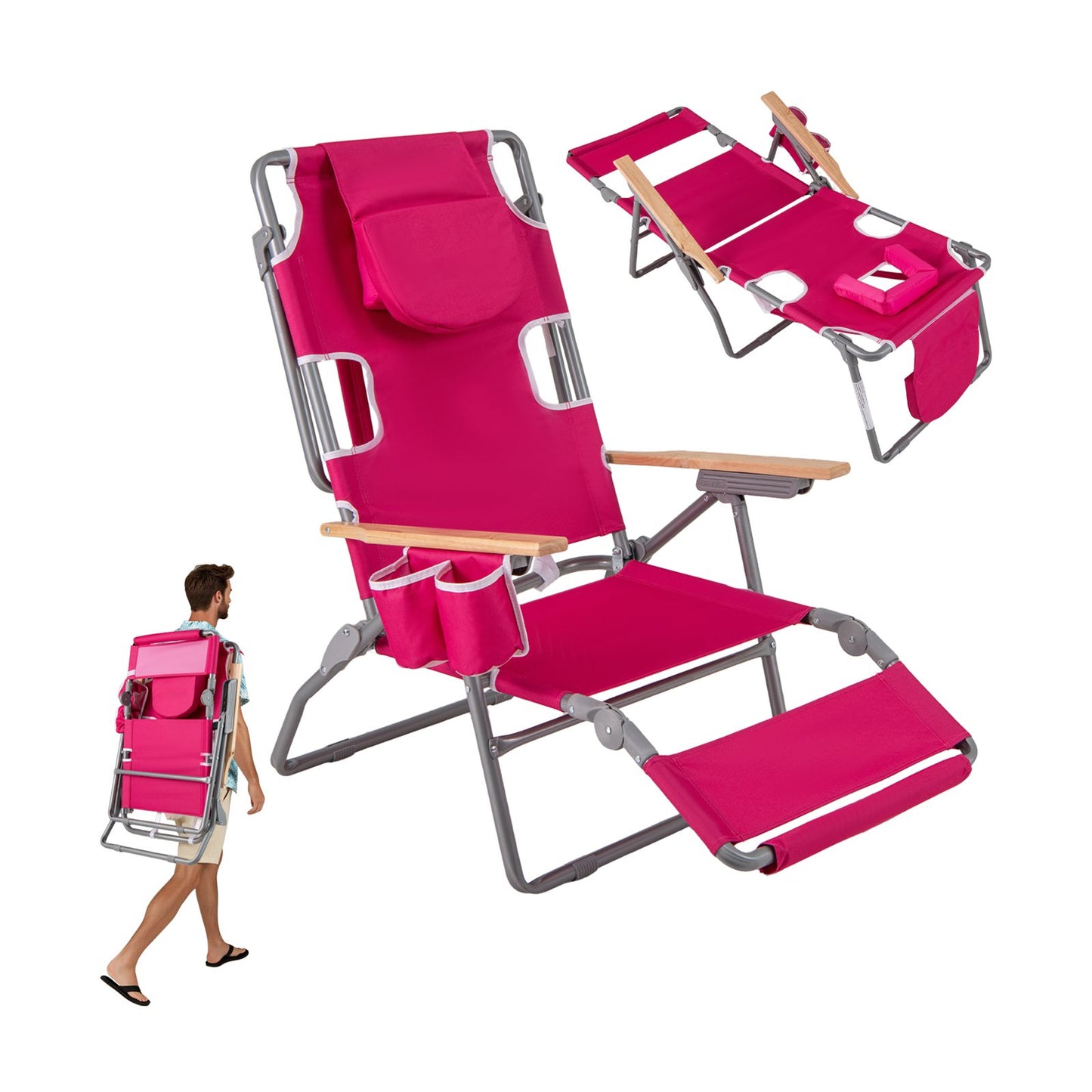 3-IN-1 Foldable Beach Chair Lay-Flat Tanning Chair with Face Hole-Beige