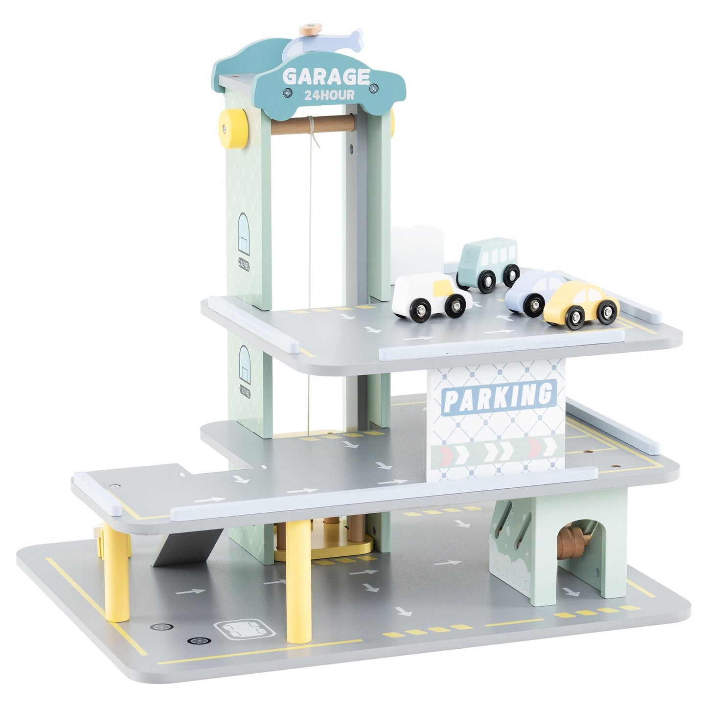 3-Layer Wooden Toy Garage with 4 Cars and Helicopter-Grey