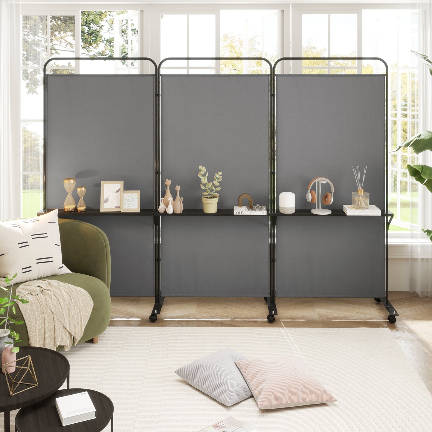 3-Panel Folding Room Divider Rolling Privacy Screen with 3 Metal Shelves-Black