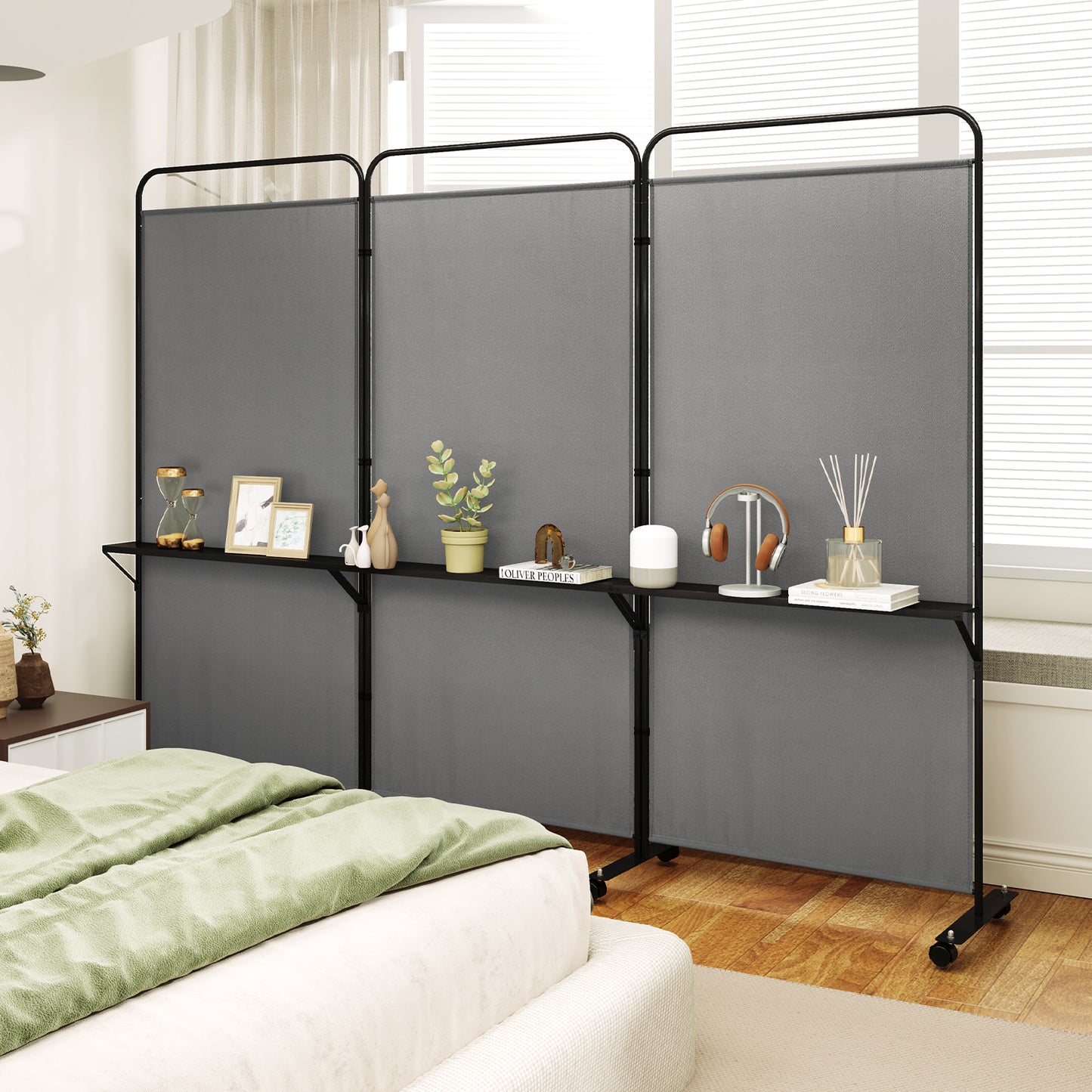 3-Panel Folding Room Divider Rolling Privacy Screen with 3 Metal Shelves-Black