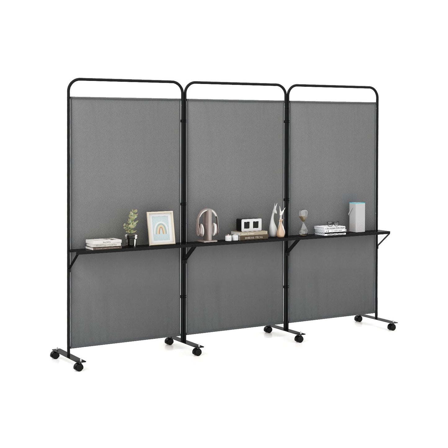 3-Panel Folding Room Divider Rolling Privacy Screen with 3 Metal Shelves-Black