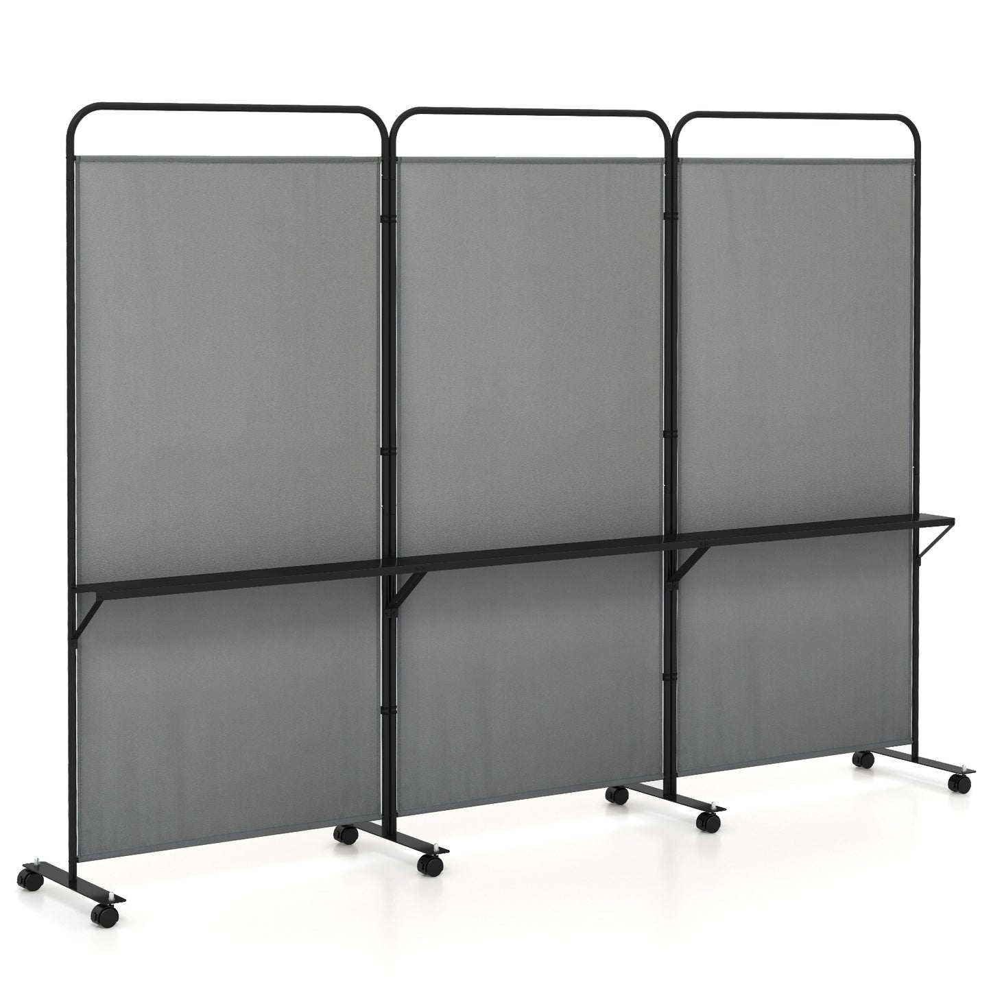 3-Panel Folding Room Divider Rolling Privacy Screen with 3 Metal Shelves-Black