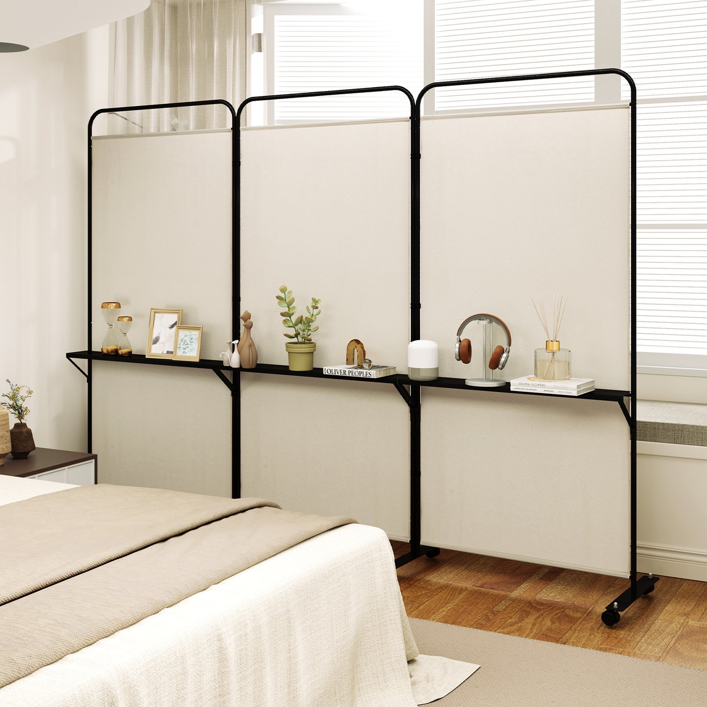 3-Panel Folding Room Divider Rolling Privacy Screen with 3 Metal Shelves-Black