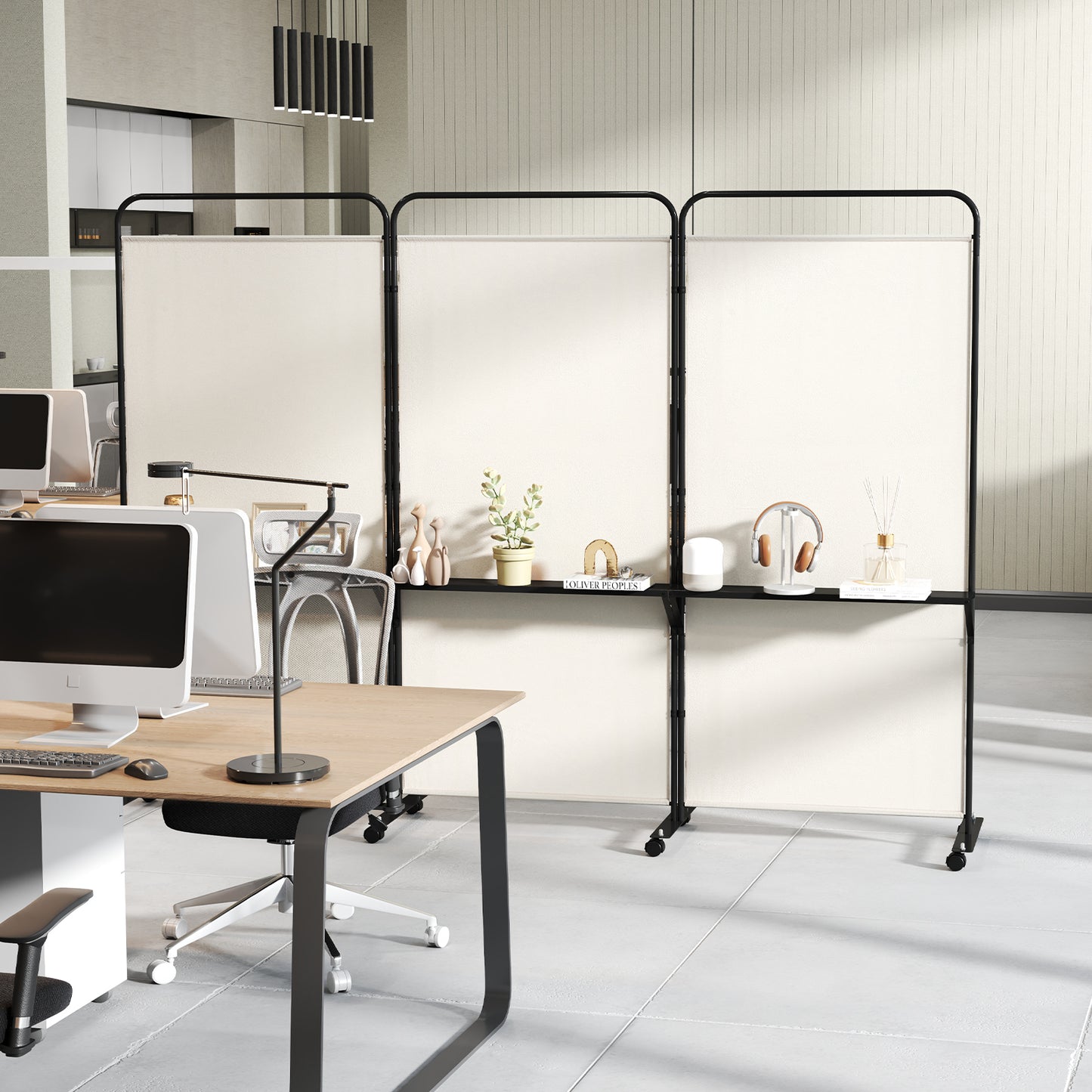 3-Panel Folding Room Divider Rolling Privacy Screen with 3 Metal Shelves-Black