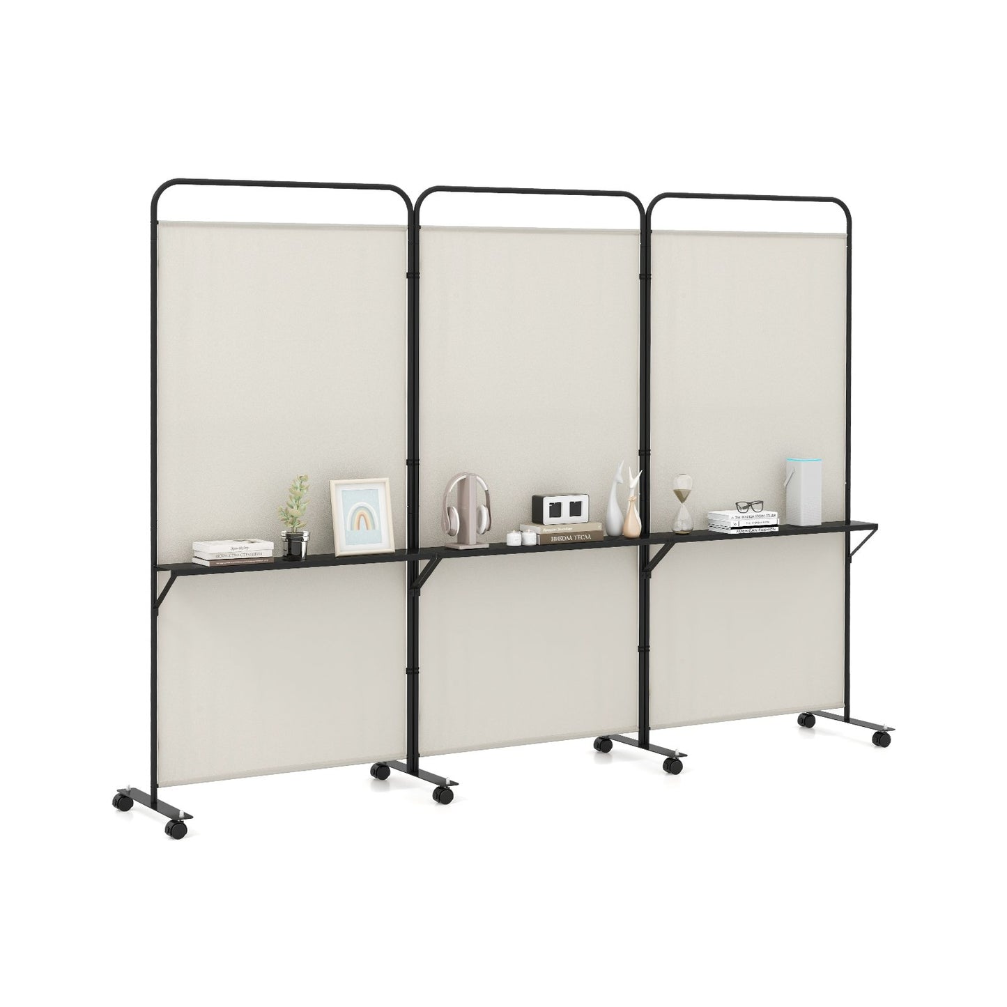 3-Panel Folding Room Divider Rolling Privacy Screen with 3 Metal Shelves-Black