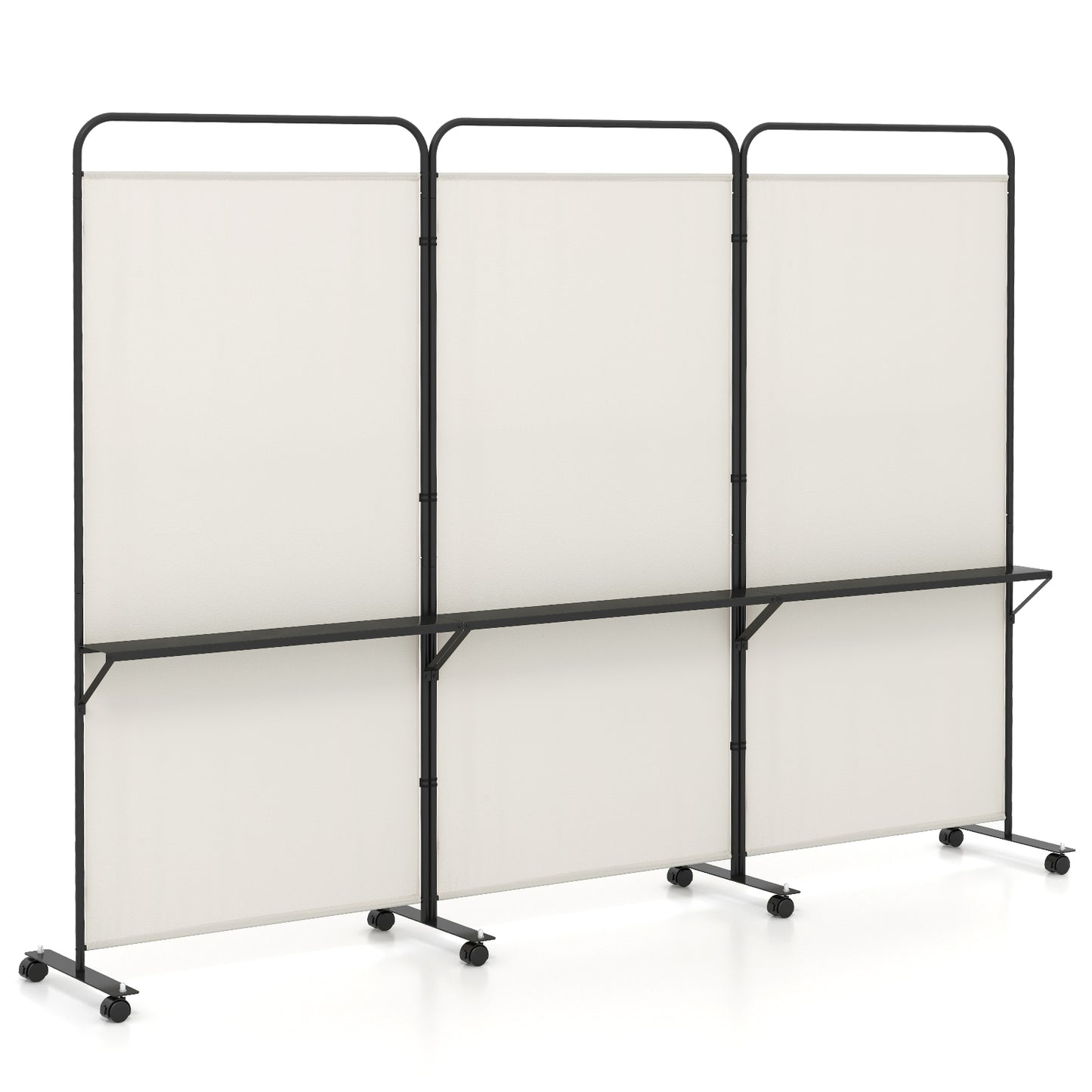 3-Panel Folding Room Divider Rolling Privacy Screen with 3 Metal Shelves-Black