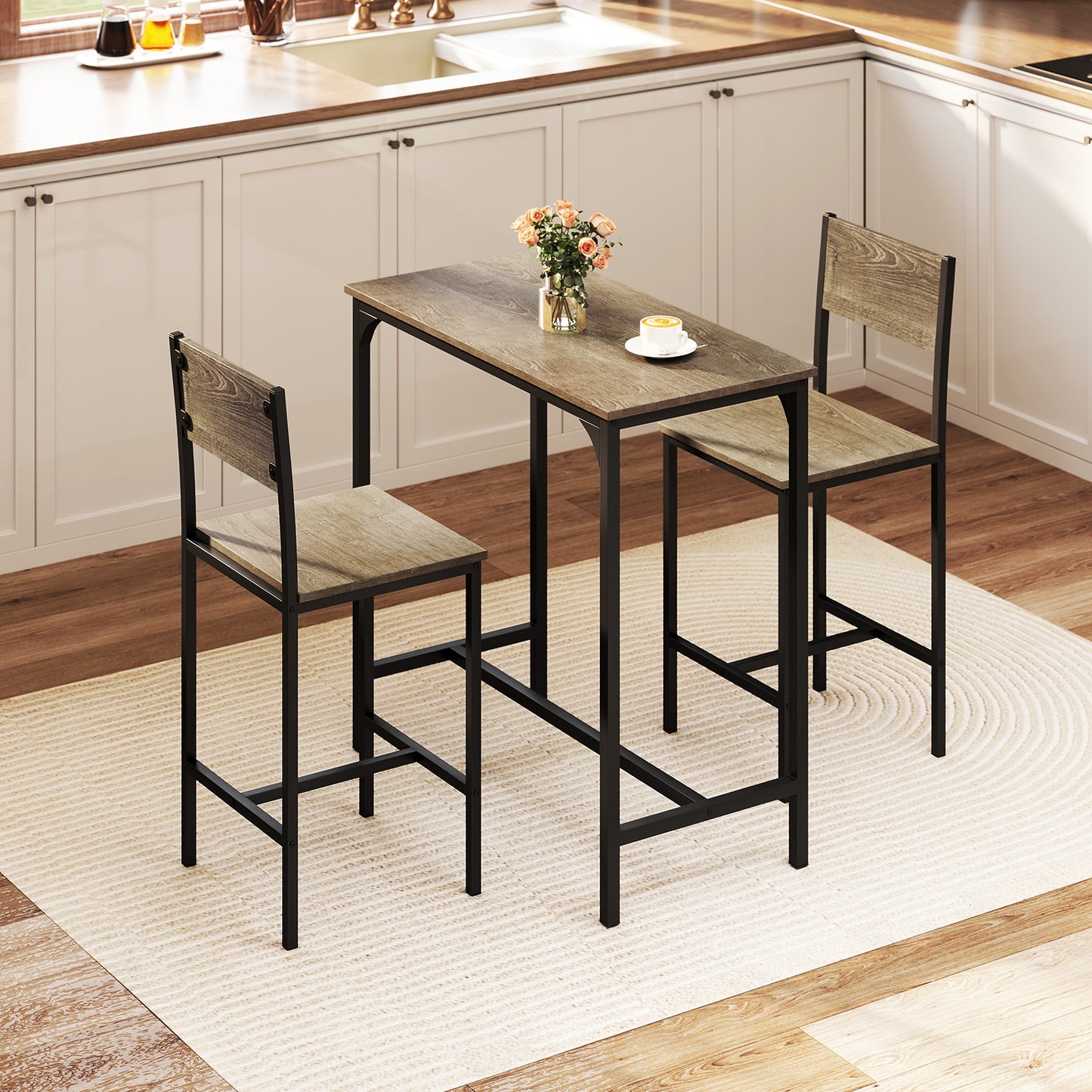 3 Piece Bar Table Set with Pub Dining Table and 2 Bar Stoolsfor Small Space-Brown