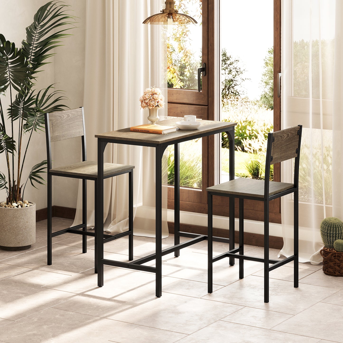 3 Piece Bar Table Set with Pub Dining Table and 2 Bar Stoolsfor Small Space-Brown