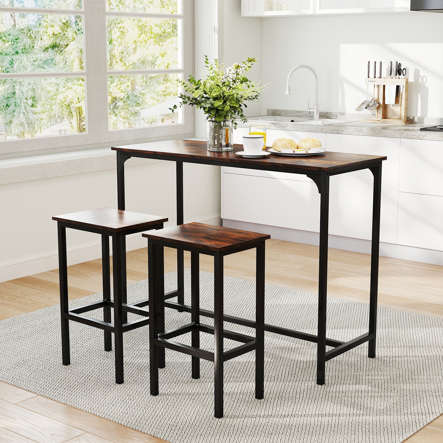 3-Piece Dining Table Set with High Top Rectangular Pub Table and Chairs-Black