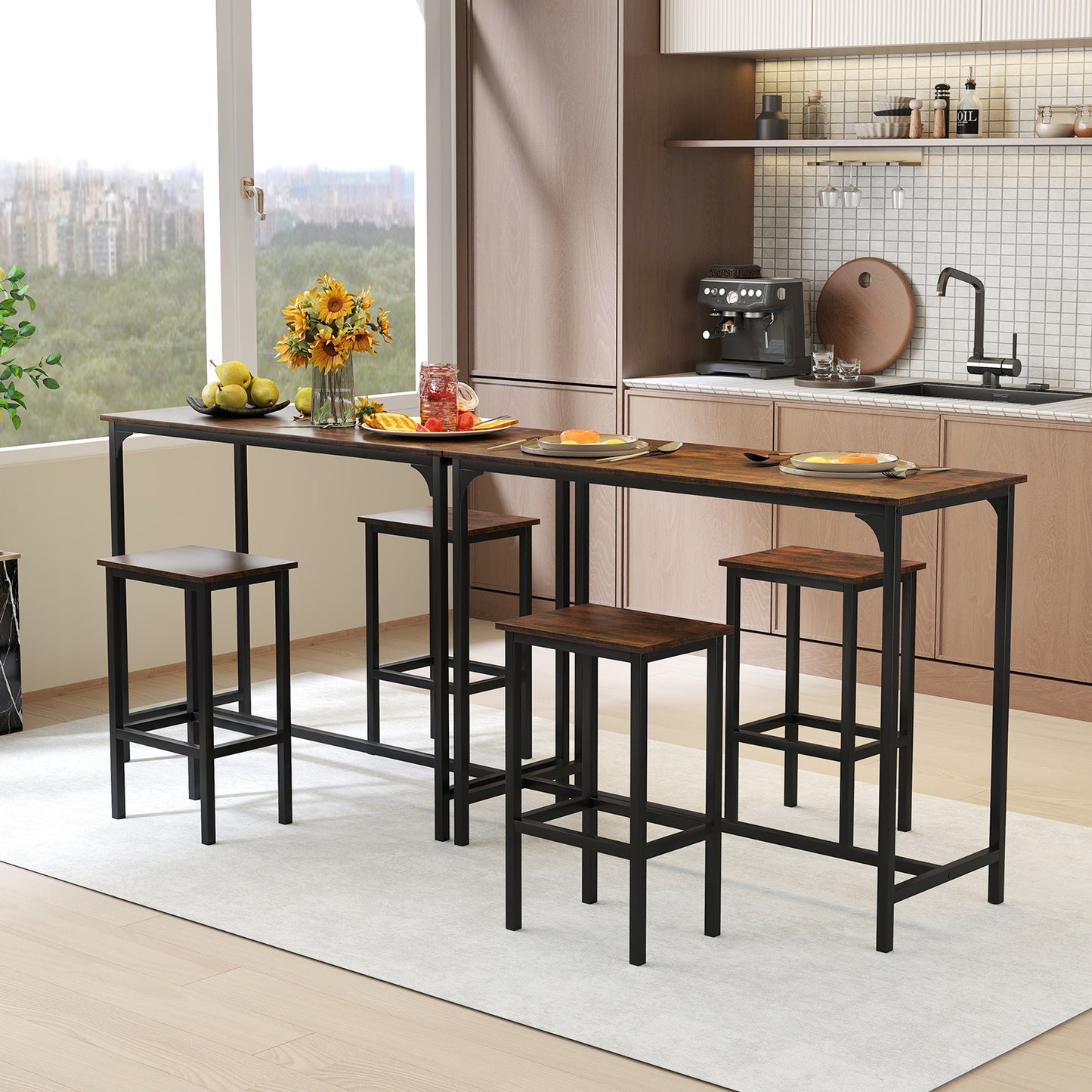 3-Piece Dining Table Set with High Top Rectangular Pub Table and Chairs-Black