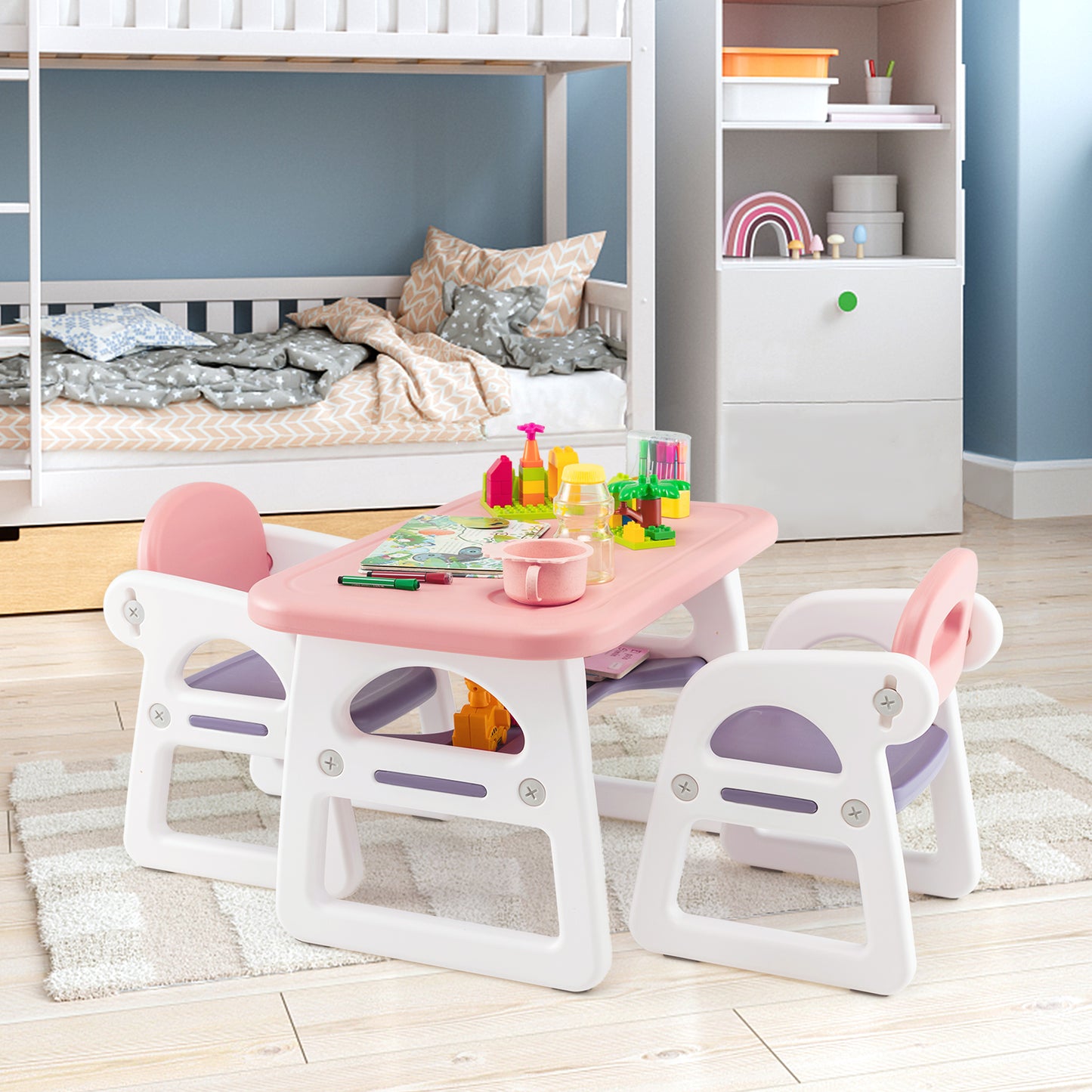 3-Piece Kids Table and Chairs Set with Storage Rack-Blue