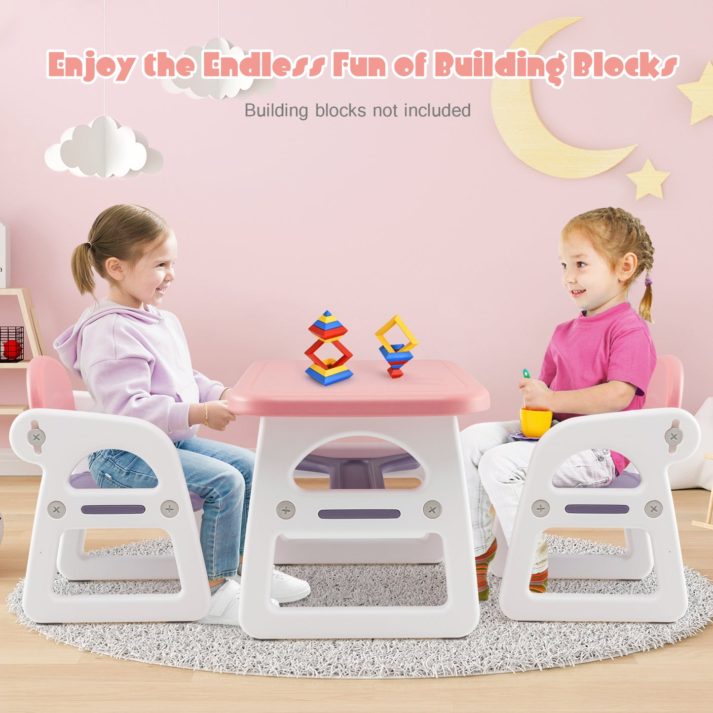 3-Piece Kids Table and Chairs Set with Storage Rack-Blue