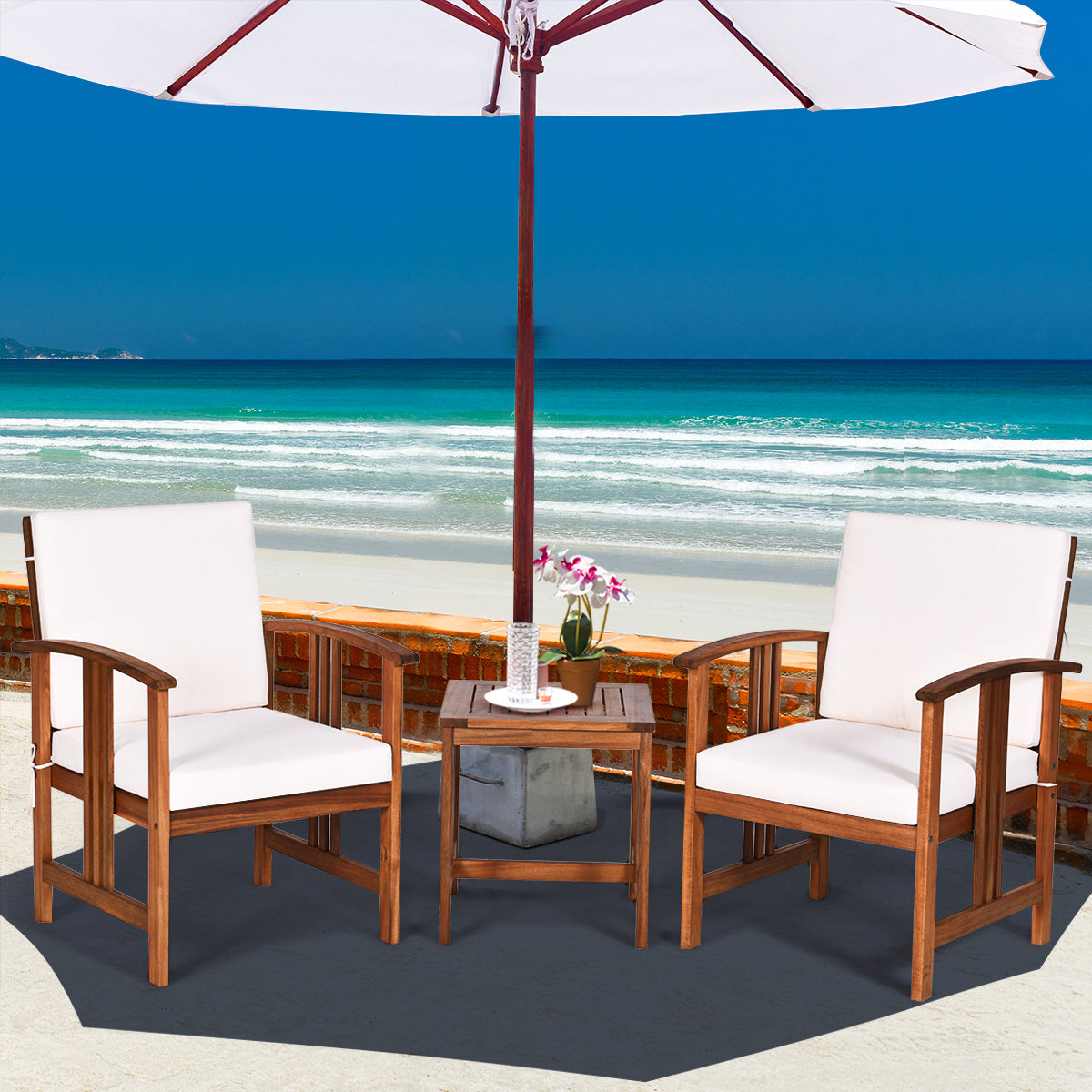 3-Piece Outdoor Acacia Wood Sofa Set with Cushions-Grey