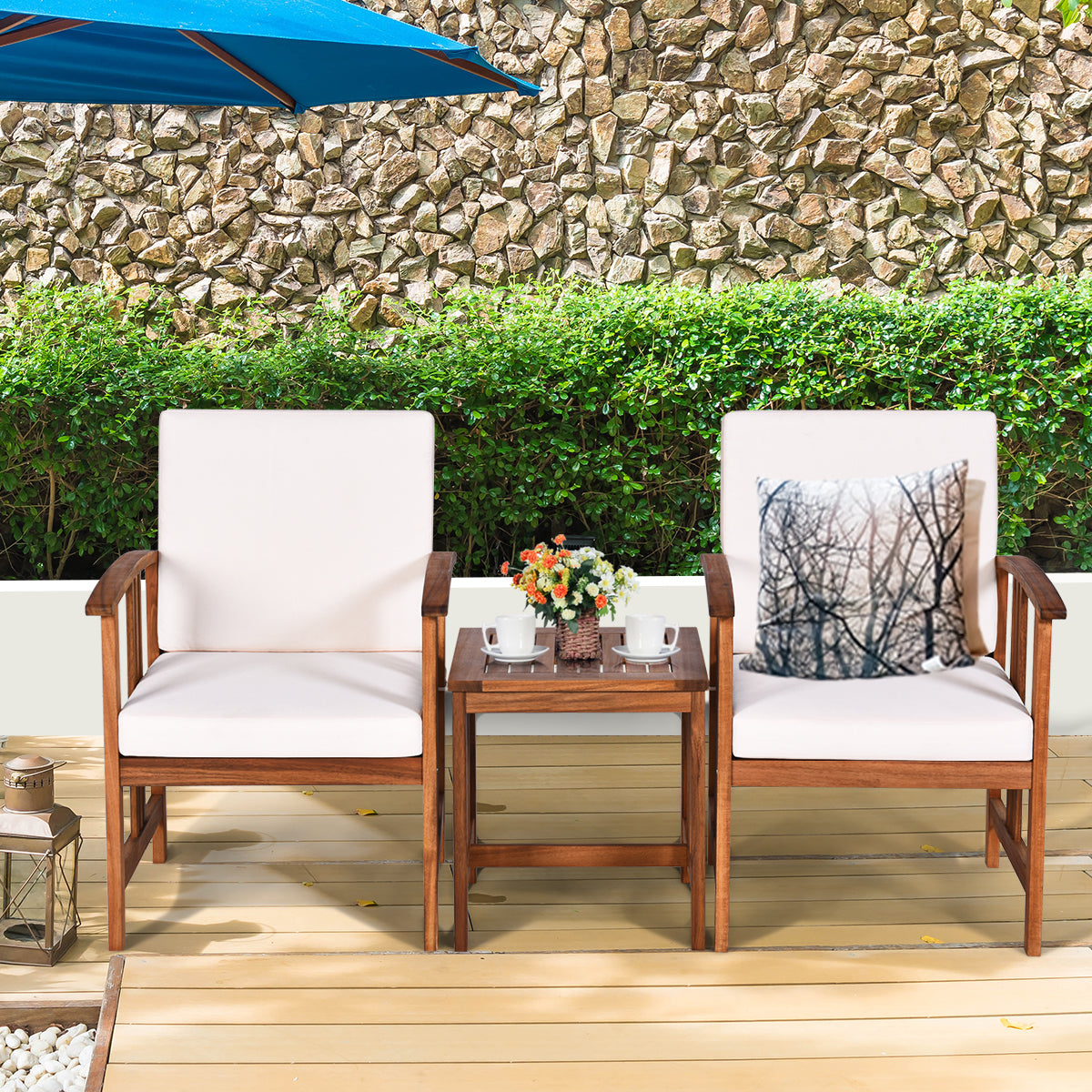 3-Piece Outdoor Acacia Wood Sofa Set with Cushions-Grey