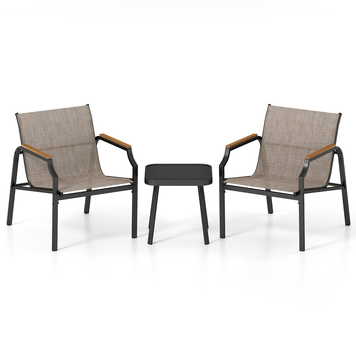 3 Piece Outdoor Chair Set with Breathable Fabric Seat and Wood-Plastic Armrests-Brown