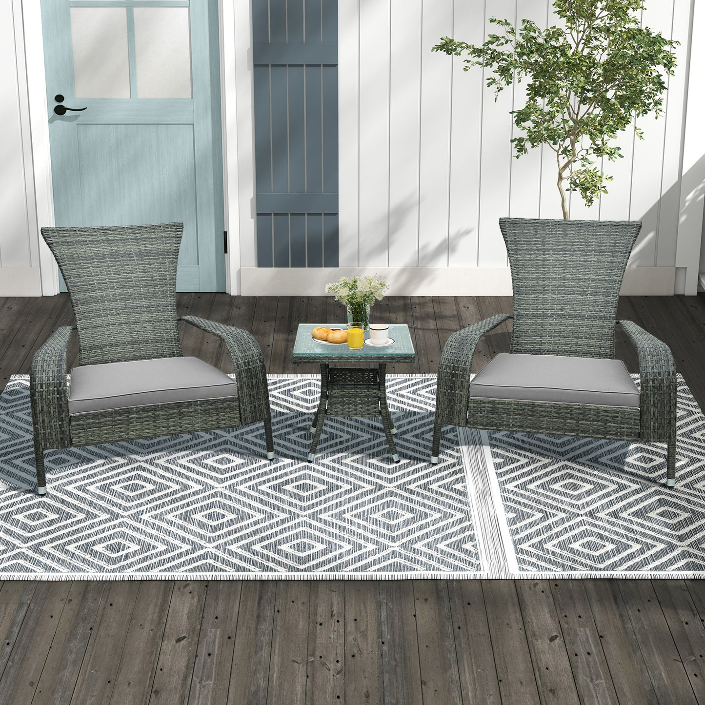3-Piece Oversized Wicker Adirondack Set with Comfy Seat Cushions-Beige