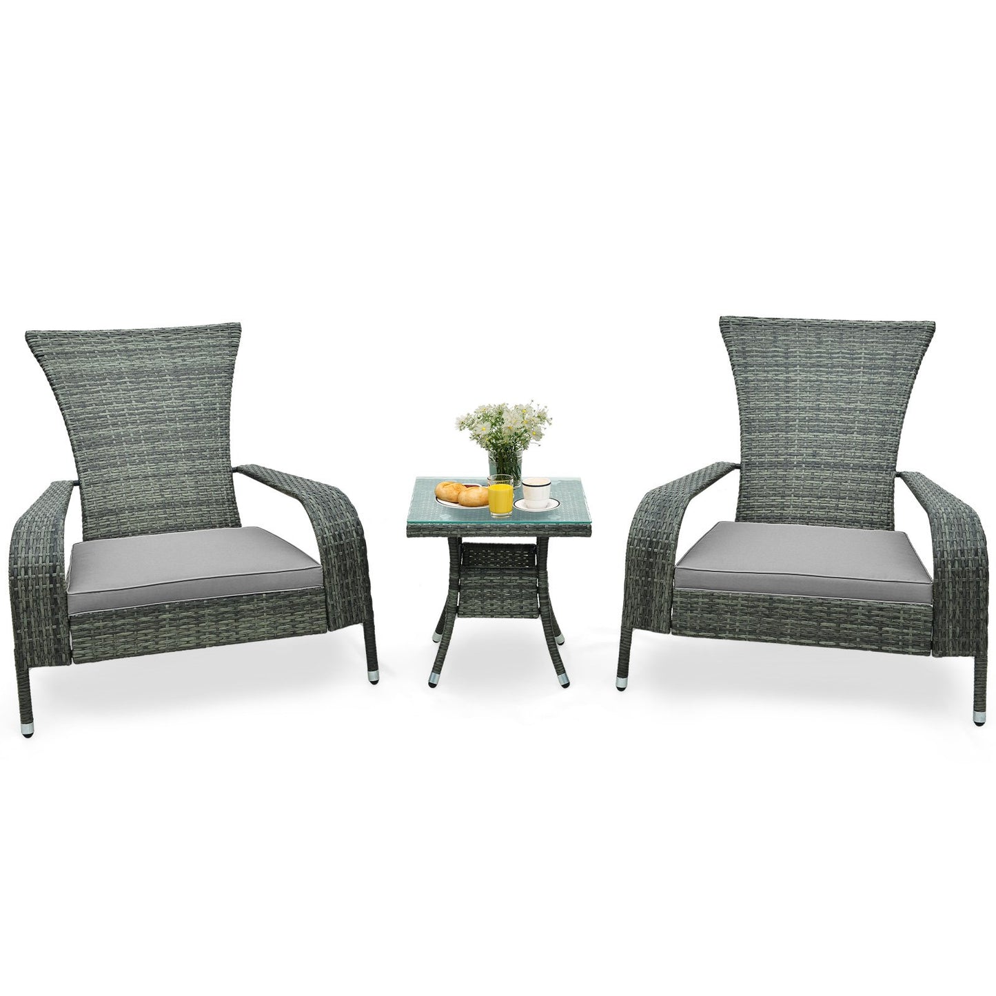 3-Piece Oversized Wicker Adirondack Set with Comfy Seat Cushions-Beige