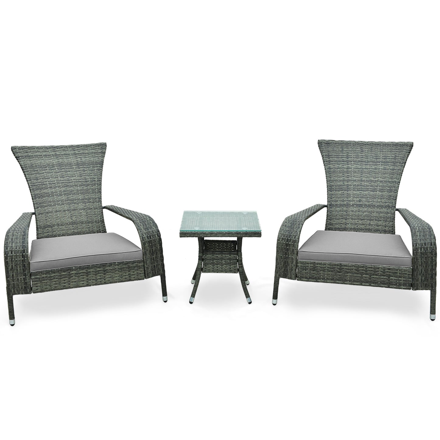 3-Piece Oversized Wicker Adirondack Set with Comfy Seat Cushions-Beige