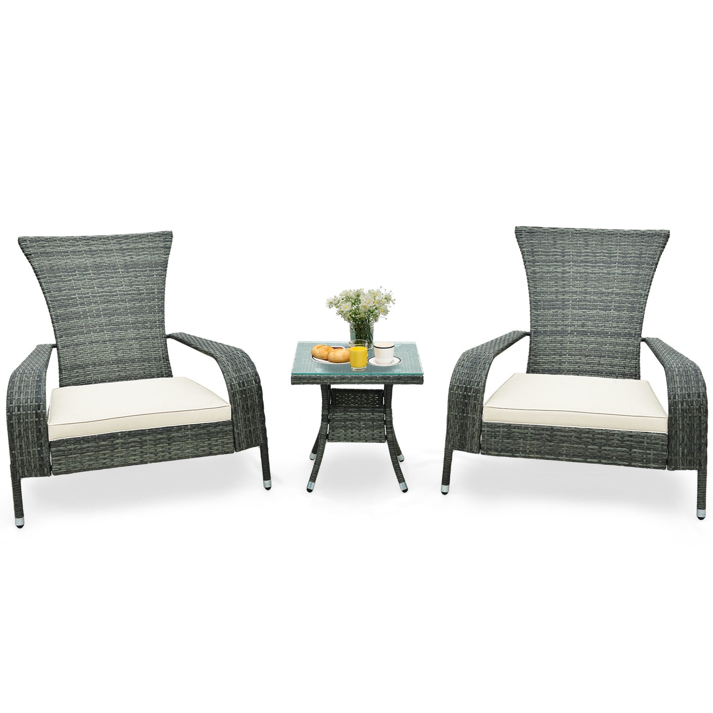 3-Piece Oversized Wicker Adirondack Set with Comfy Seat Cushions-Beige
