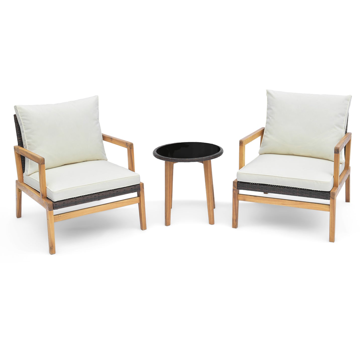 3 Pieces Garden Wicker Chair and Side Table Set with Soft Cushions-White