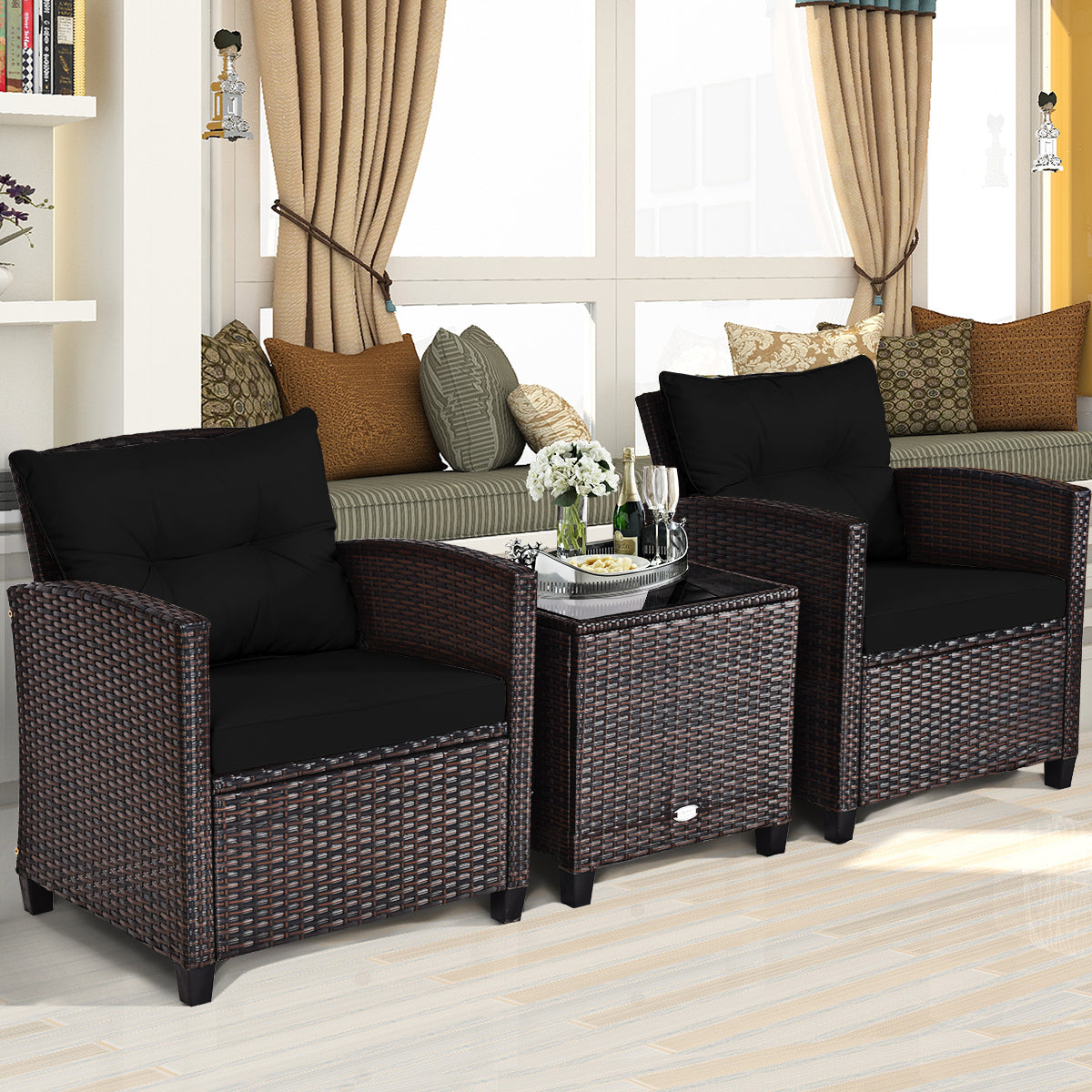 3 Piece Patio Rattan Furniture Set for Porch Balcony Garden Yard-Beige