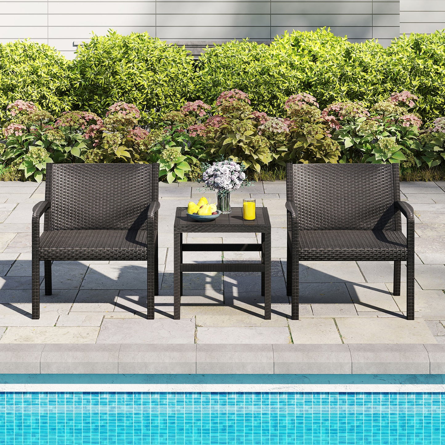 3 Piece Patio Furniture Set with 2 Modern Rattan Armchair and Squire Side Table-Black