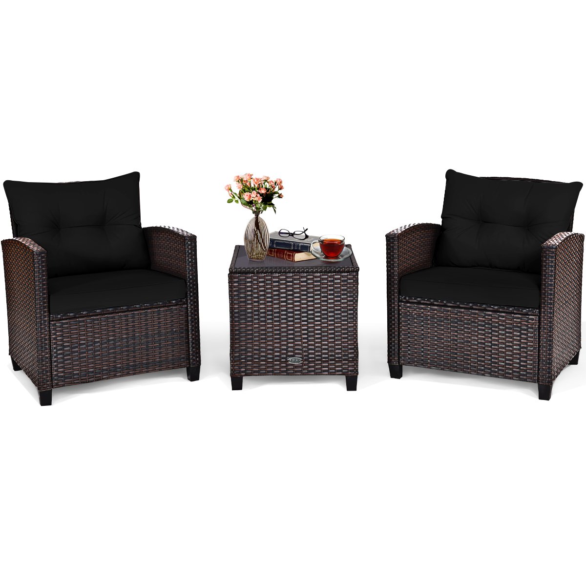 3 Piece Patio Rattan Furniture Set for Porch Balcony Garden Yard-Beige