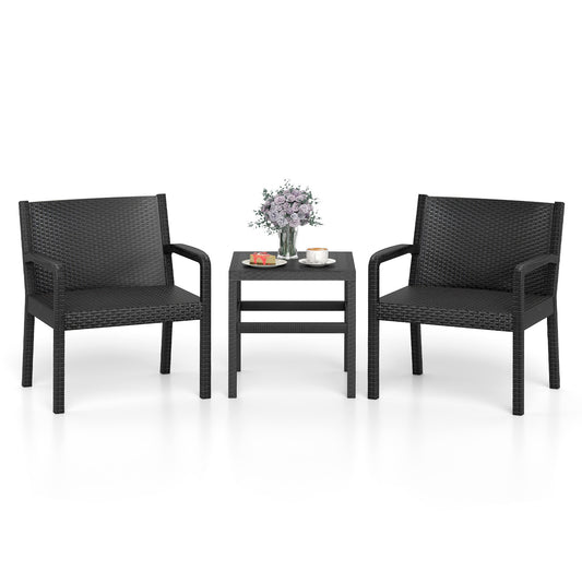 3 Piece Patio Furniture Set with 2 Modern Rattan Armchair and Squire Side Table-Black