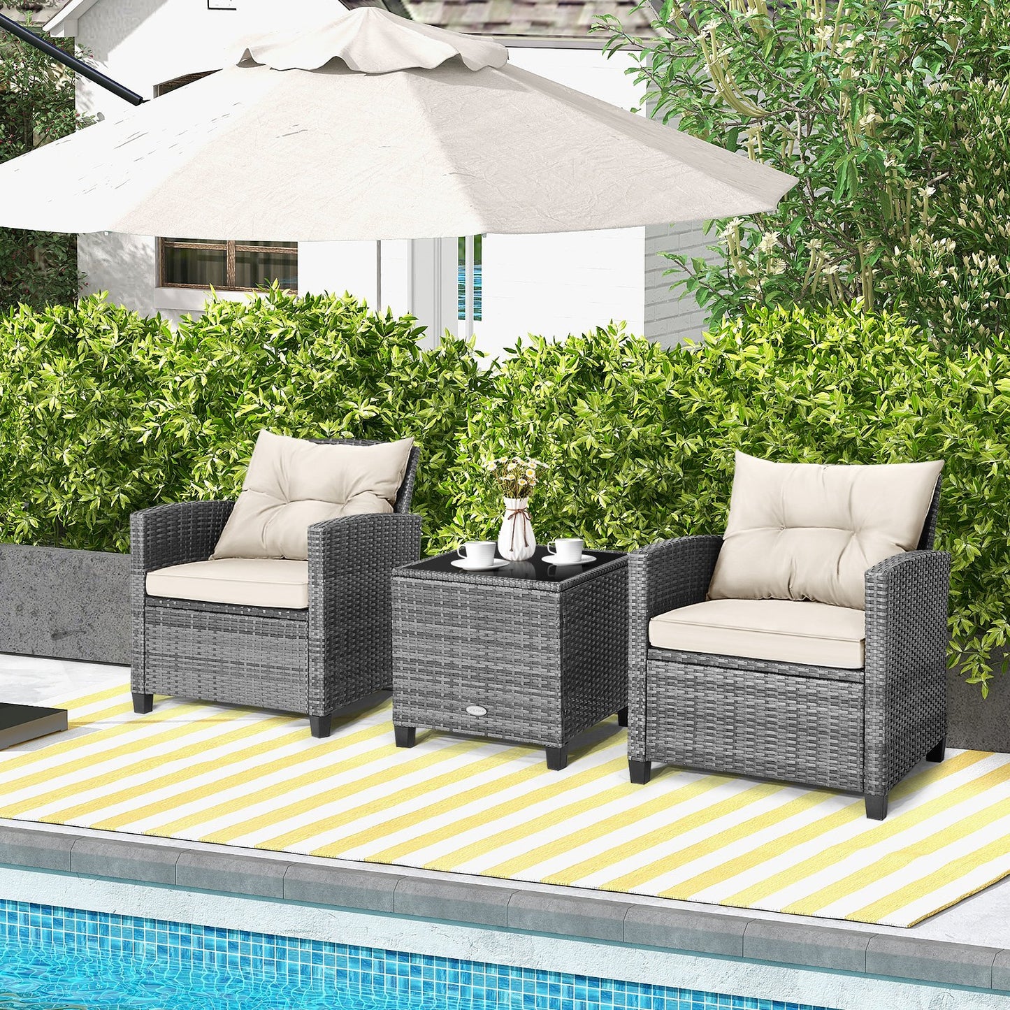 3 Piece Patio Rattan Sofa Set with Solid Tempered Glass Tabletop and Heavy-Duty Steel Frame-Navy