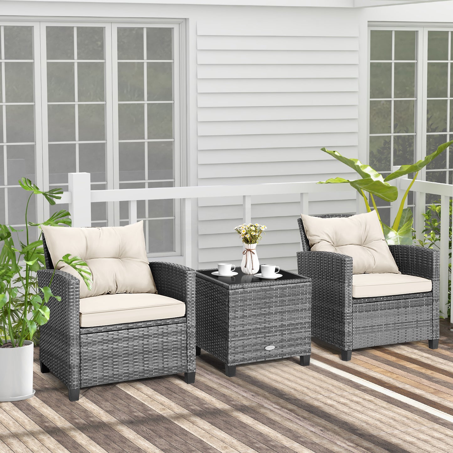 3 Piece Patio Rattan Sofa Set with Solid Tempered Glass Tabletop and Heavy-Duty Steel Frame-Navy