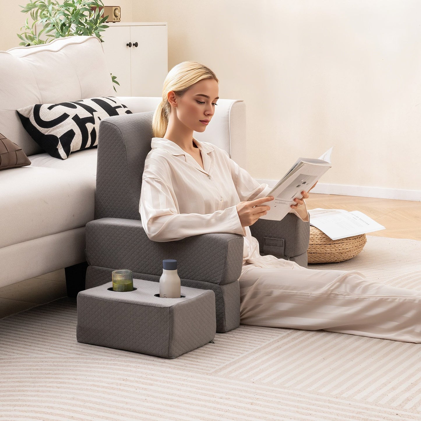 3-Piece Reading Pillow Set with Coaster Back Cushion and Storage Pocket-Grey