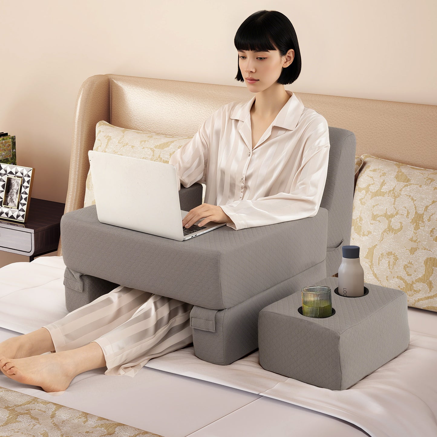 3-Piece Reading Pillow Set with Coaster Back Cushion and Storage Pocket-Grey