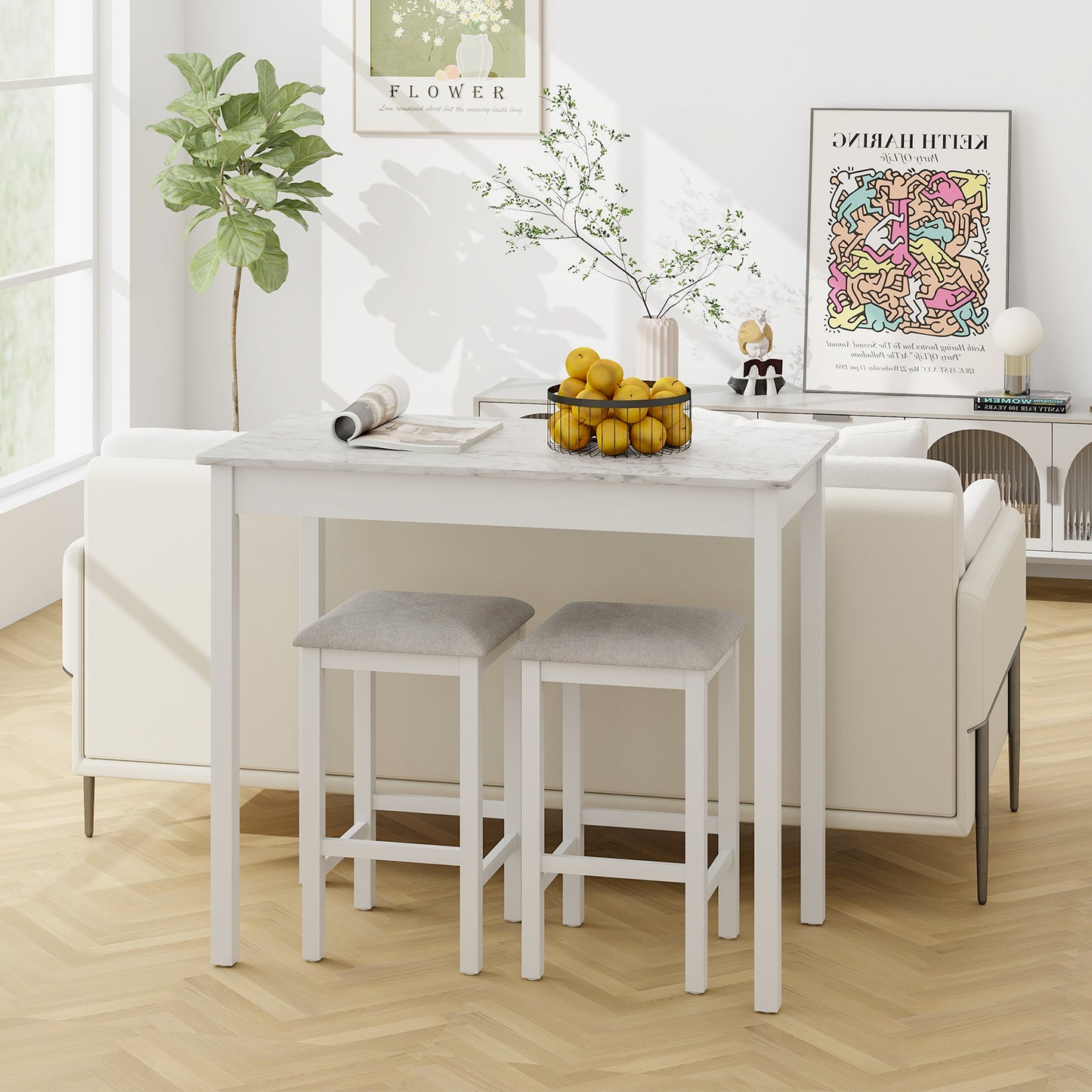 3 Pieces Pub Counter-Height Bar Table Set with Rubber Wood Legs-White