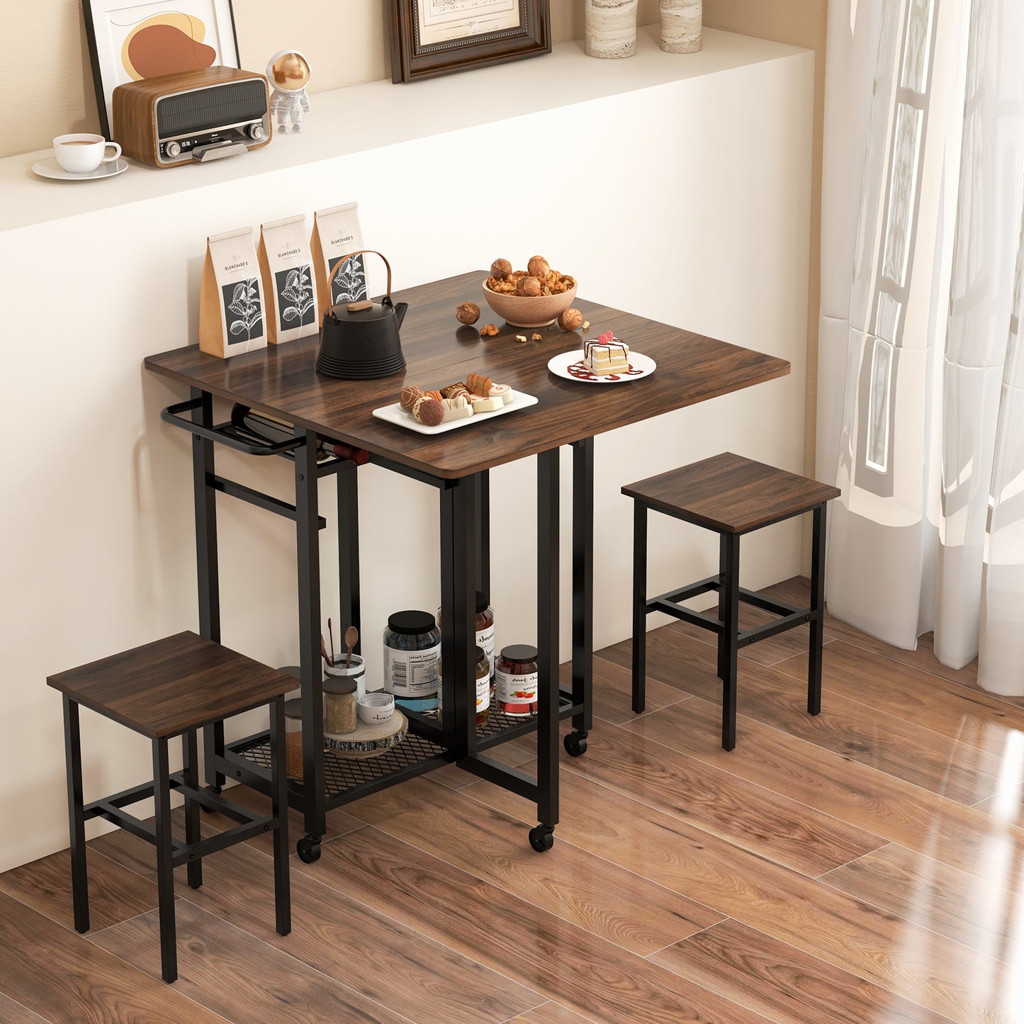 3 Pieces Extendable Dining Table Set with 6-Bottle Wine Rack-Brown