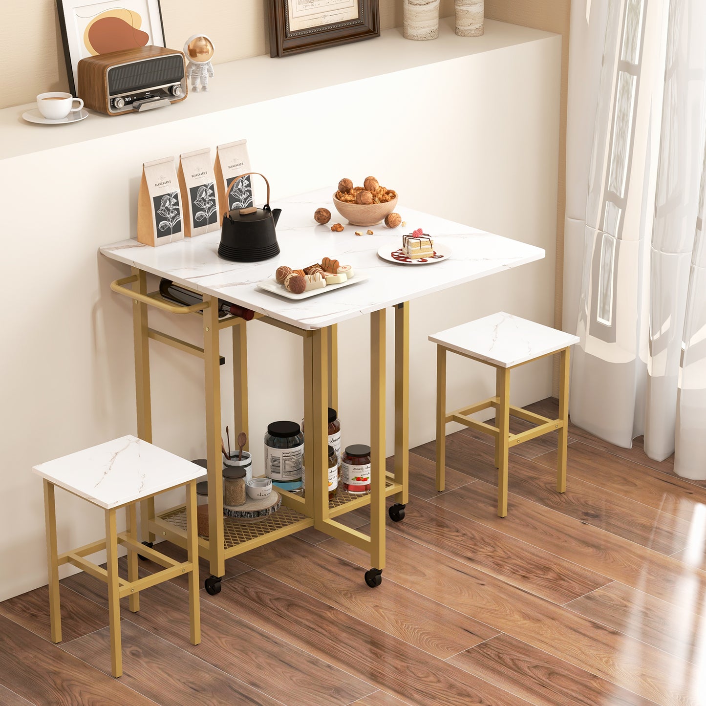 3 Pieces Extendable Dining Table Set with 6-Bottle Wine Rack-Brown