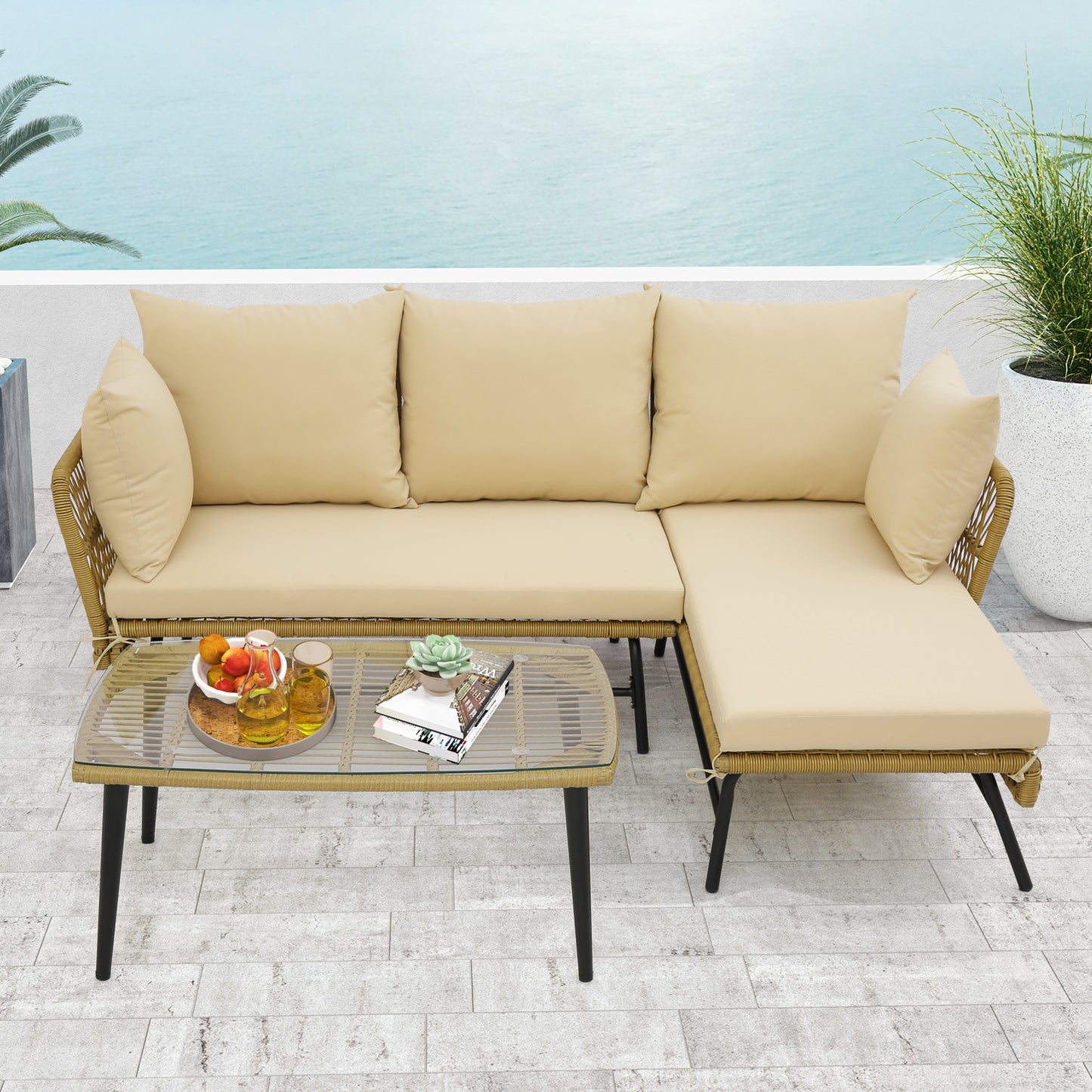 3 Pieces L-Shaped Patio Conversation Set with Tempered Glass Table-Beige