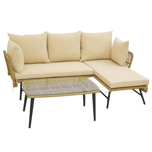 3 Pieces L-Shaped Patio Conversation Set with Tempered Glass Table-Beige