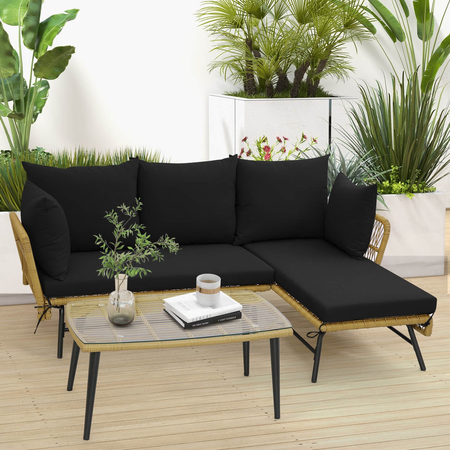 3 Pieces L-Shaped Patio Conversation Set with Tempered Glass Table-Beige