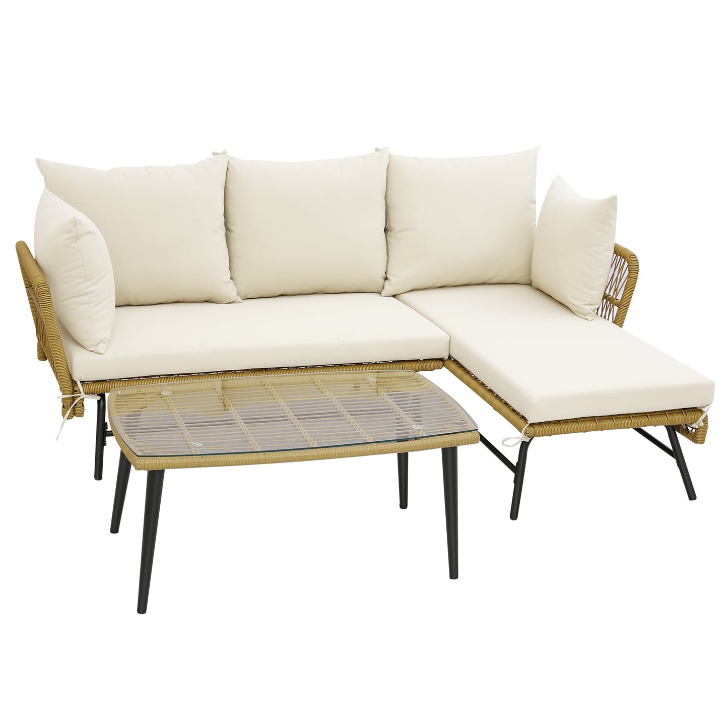 3 Pieces L-Shaped Patio Conversation Set with Tempered Glass Table-Beige