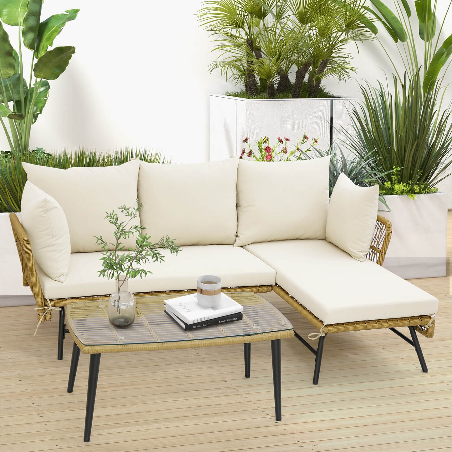 3 Pieces L-Shaped Patio Conversation Set with Tempered Glass Table-Beige