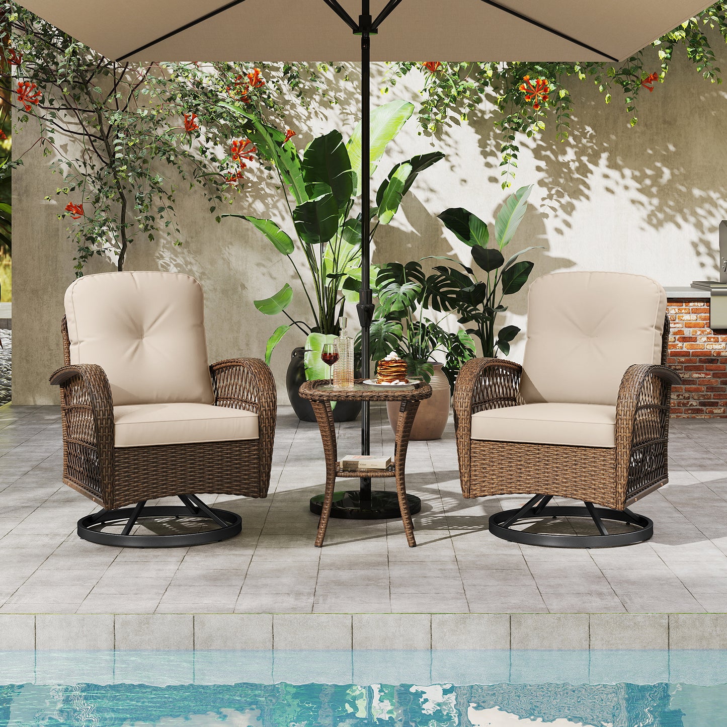 3 Pieces Outdoor Patio Furniture Set with Table and 2 Swivel Rocking Chairs-Brown