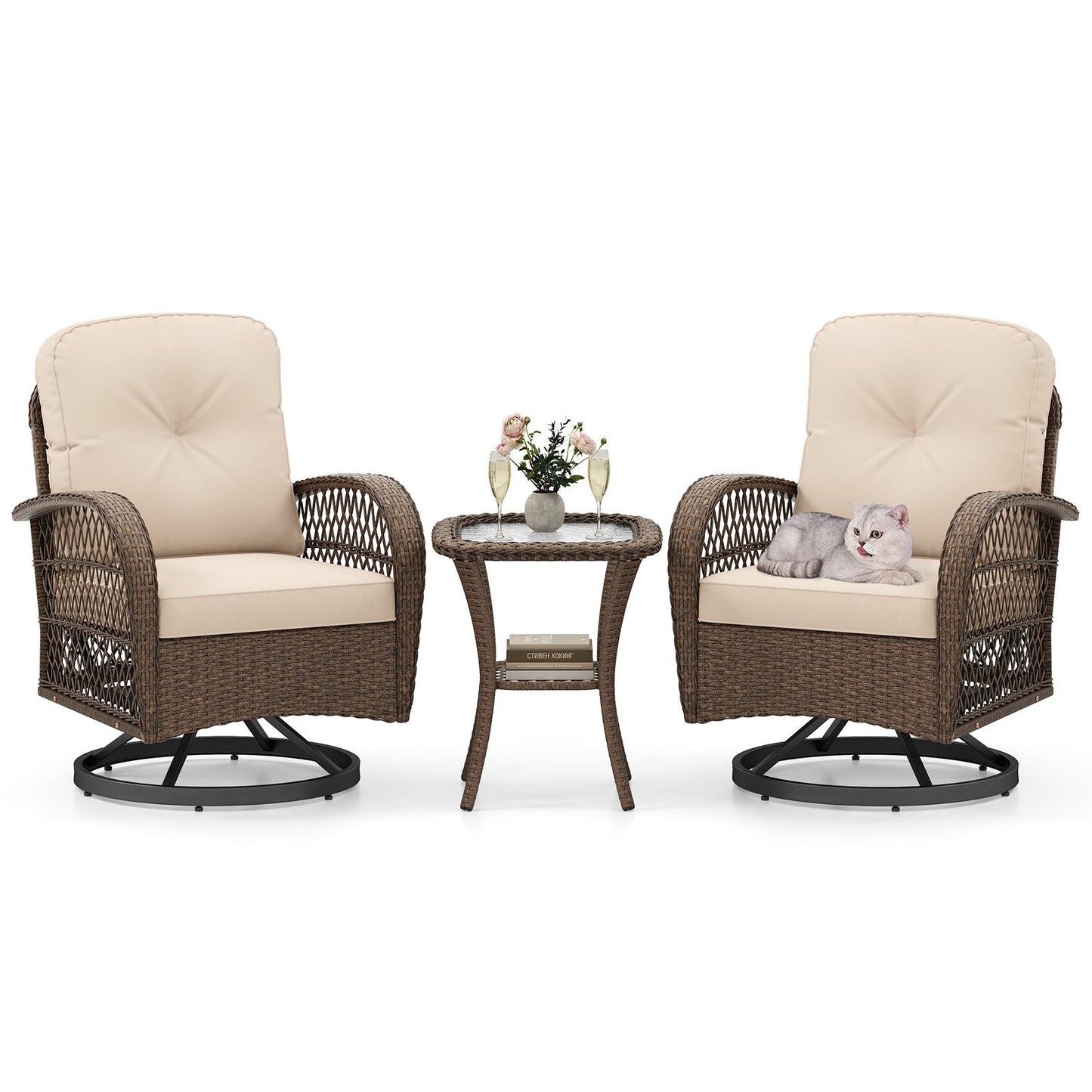 3 Pieces Outdoor Patio Furniture Set with Table and 2 Swivel Rocking Chairs-Brown