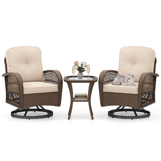 3 Pieces Outdoor Patio Furniture Set with Table and 2 Swivel Rocking Chairs-Brown
