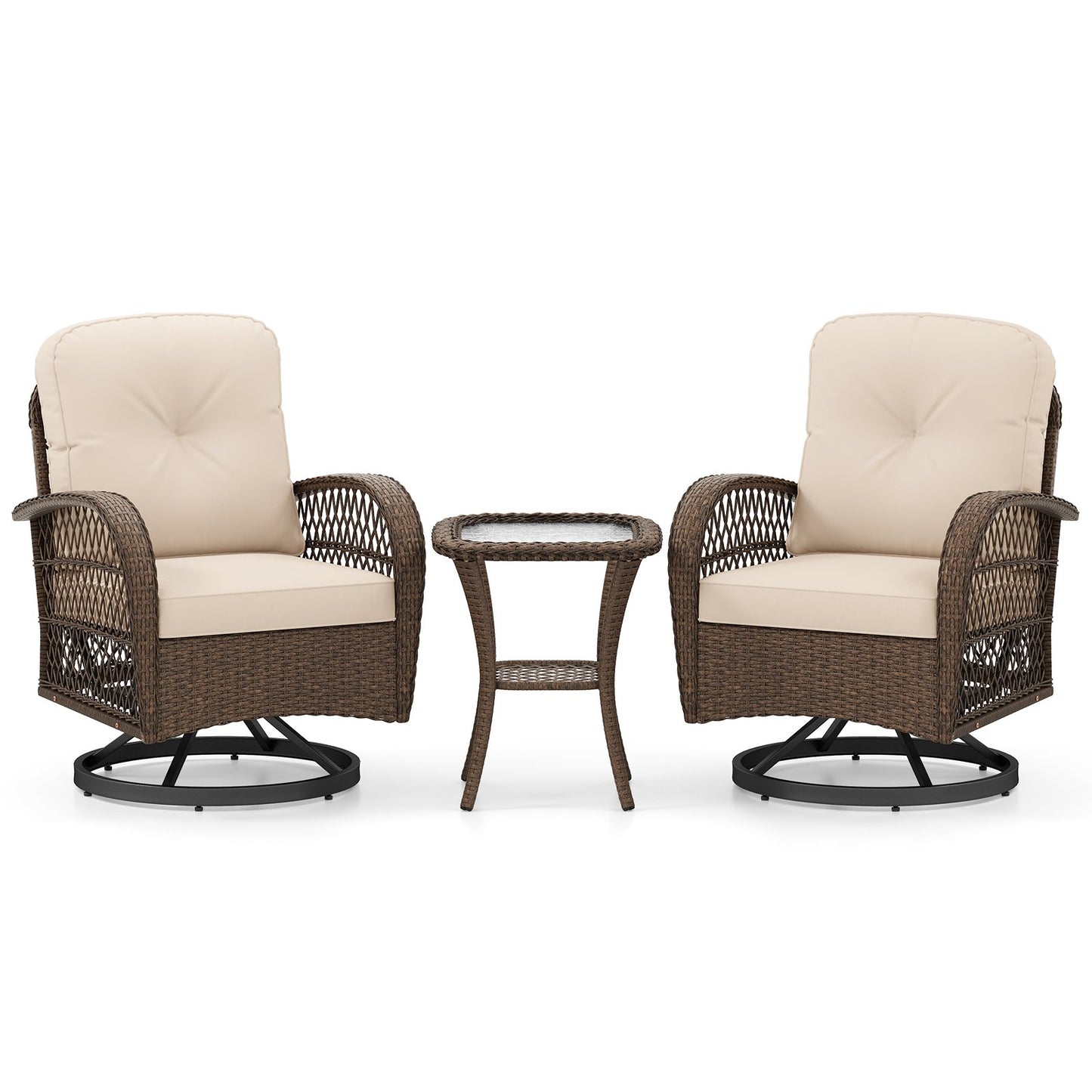 3 Pieces Outdoor Patio Furniture Set with Table and 2 Swivel Rocking Chairs-Brown