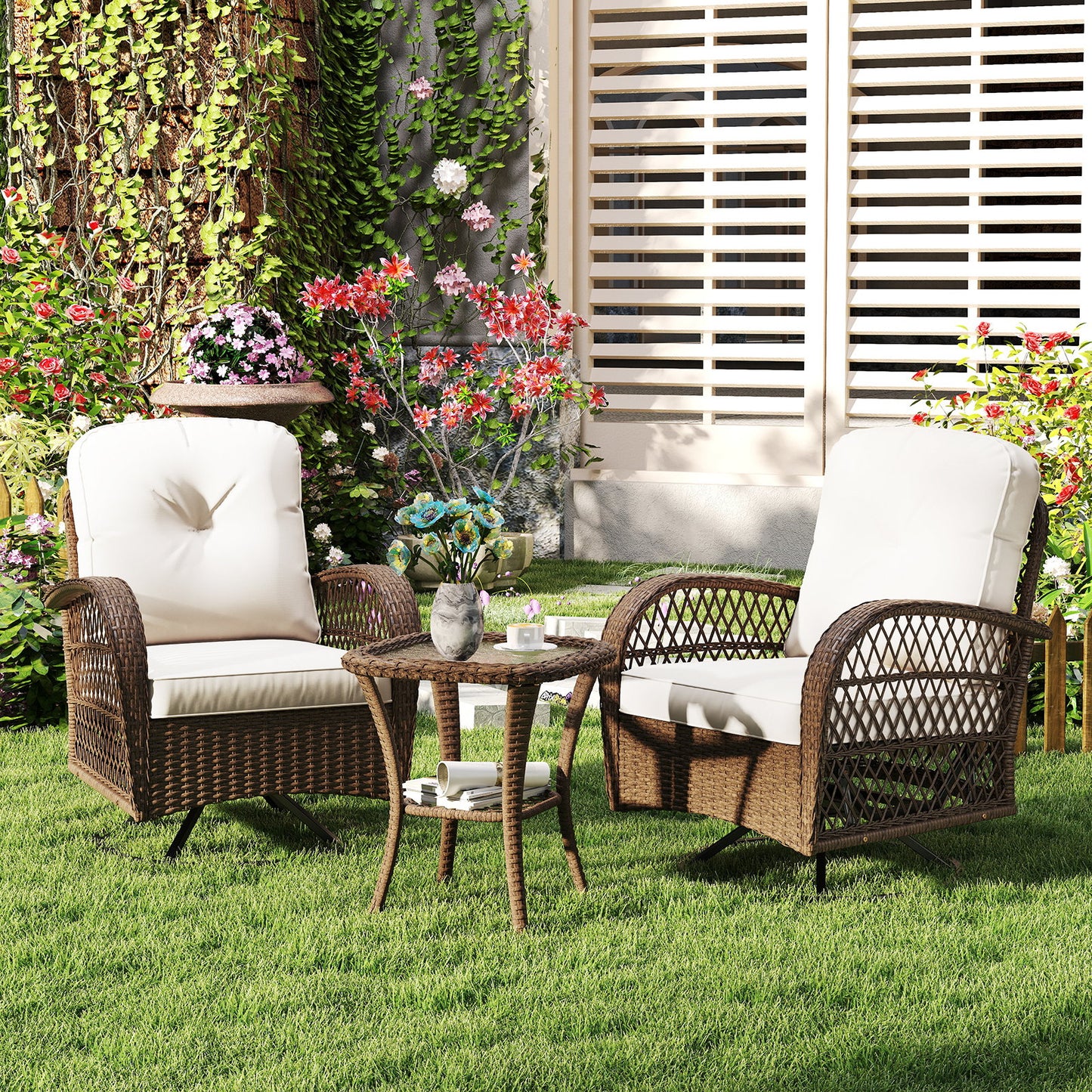3 Pieces Outdoor Patio Furniture Set with Table and 2 Swivel Rocking Chairs-Brown