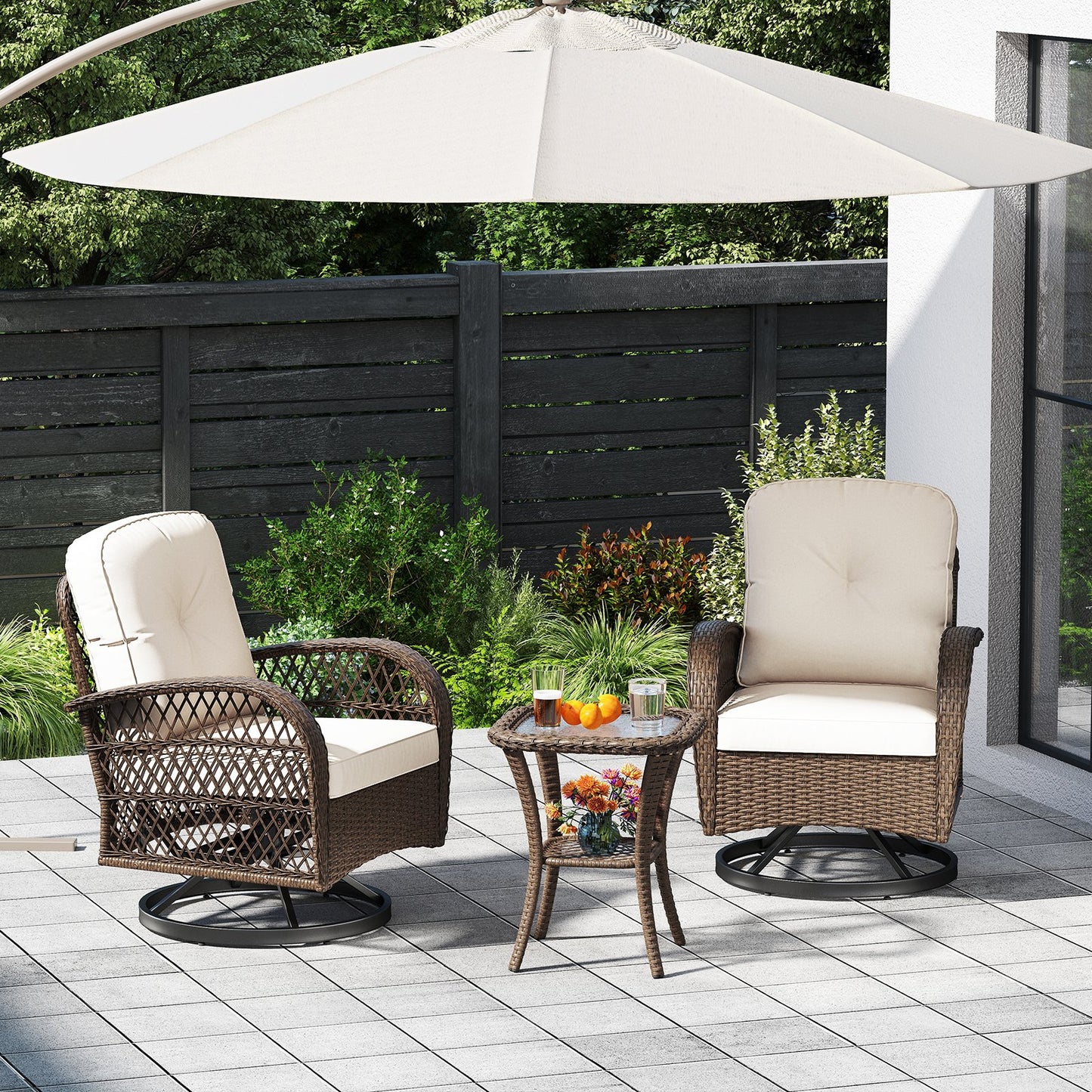 3 Pieces Outdoor Patio Furniture Set with Table and 2 Swivel Rocking Chairs-Brown