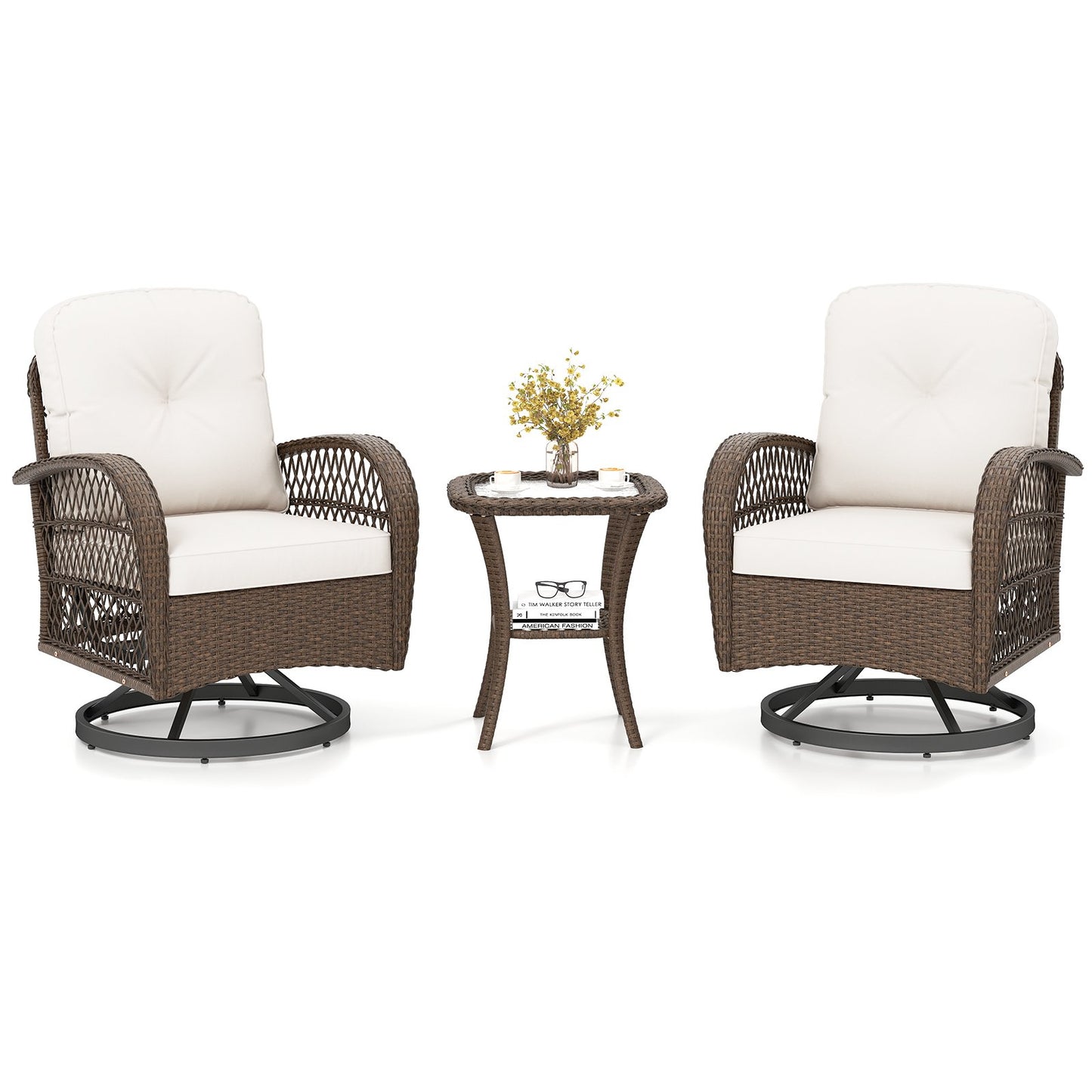 3 Pieces Outdoor Patio Furniture Set with Table and 2 Swivel Rocking Chairs-Brown
