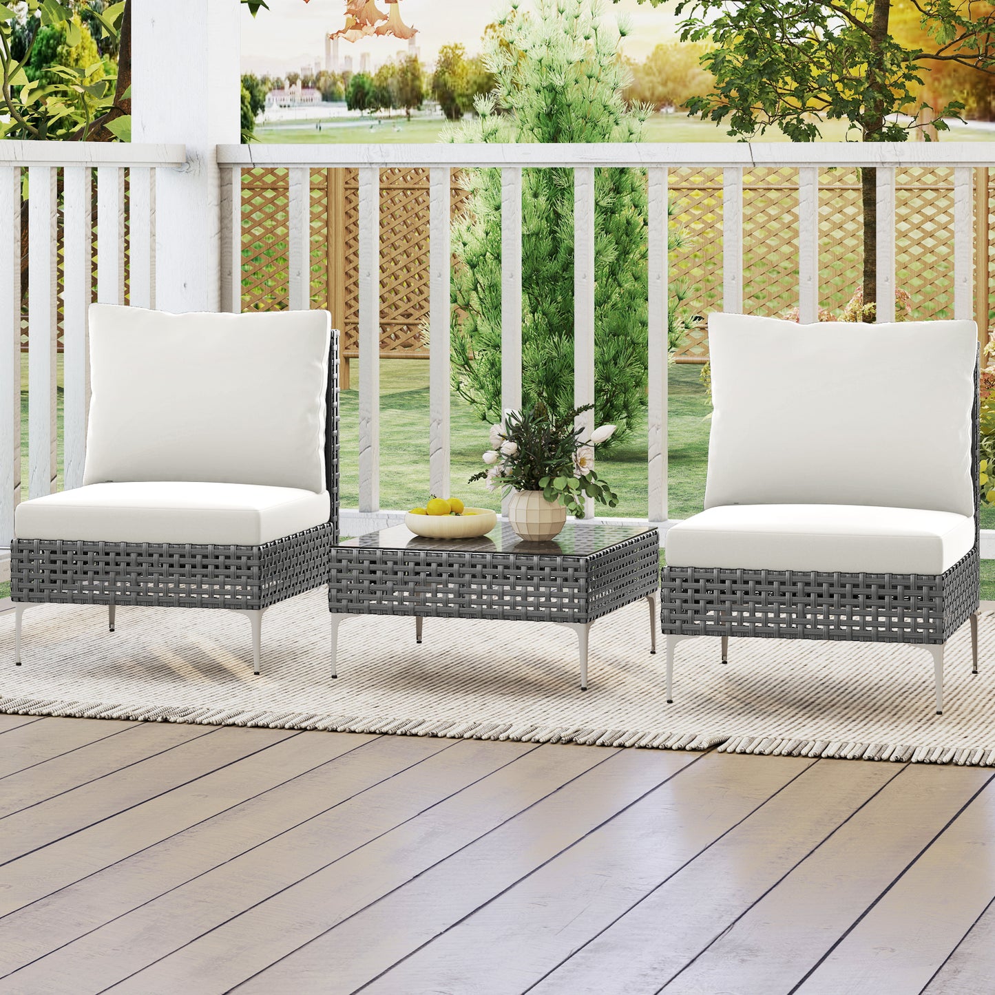 3 Pieces PE Rattan Conversation Chairs with Tempered Glass Coffee Table for Garden Porch-Grey