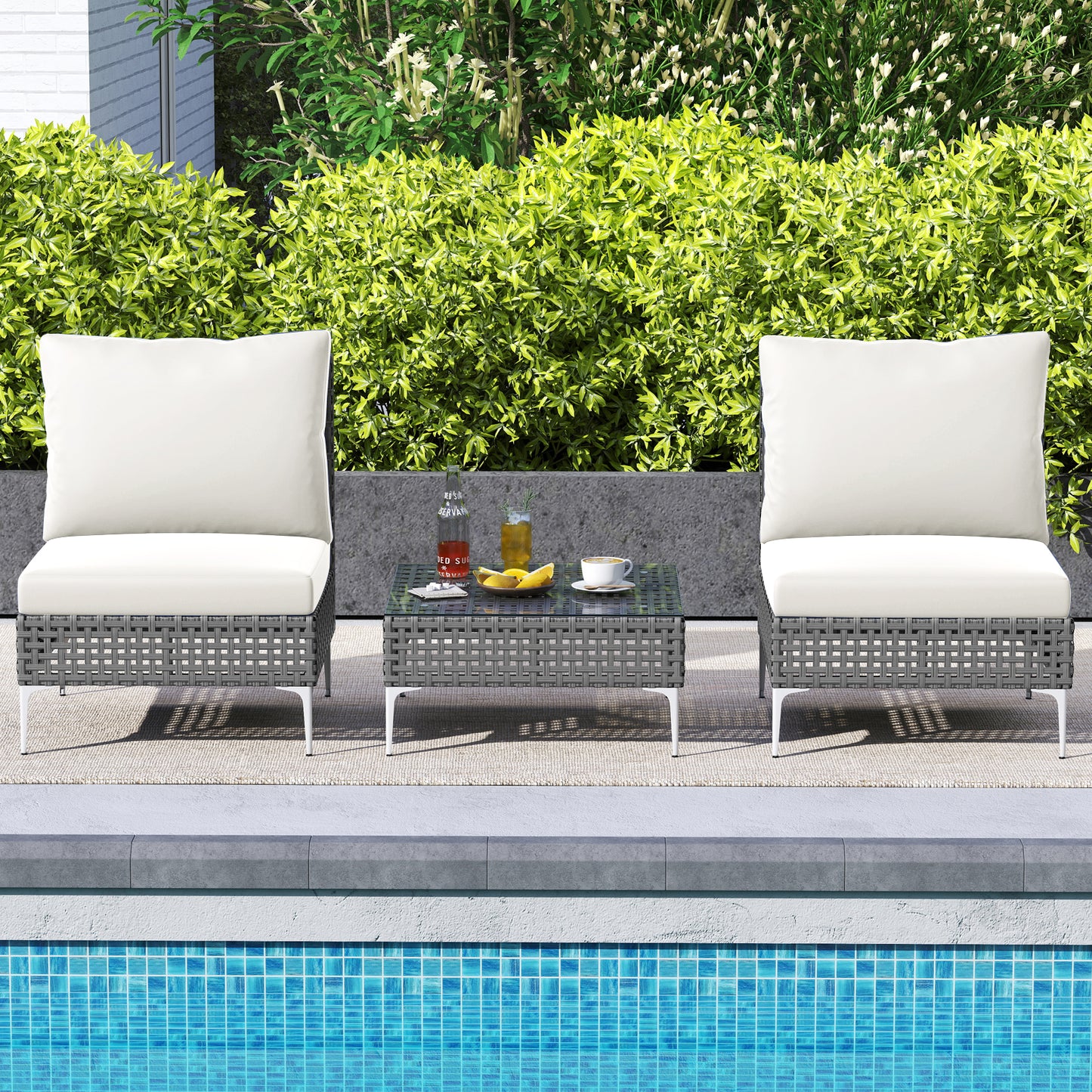 3 Pieces PE Rattan Conversation Chairs with Tempered Glass Coffee Table for Garden Porch-Grey
