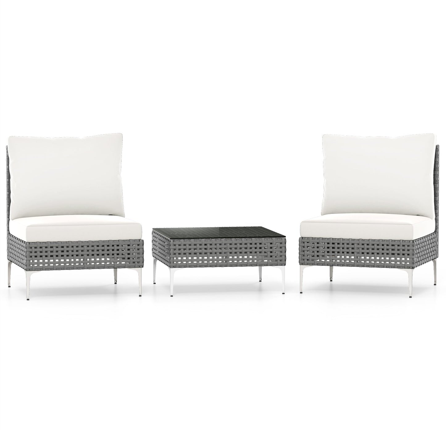 3 Pieces PE Rattan Conversation Chairs with Tempered Glass Coffee Table for Garden Porch-Grey